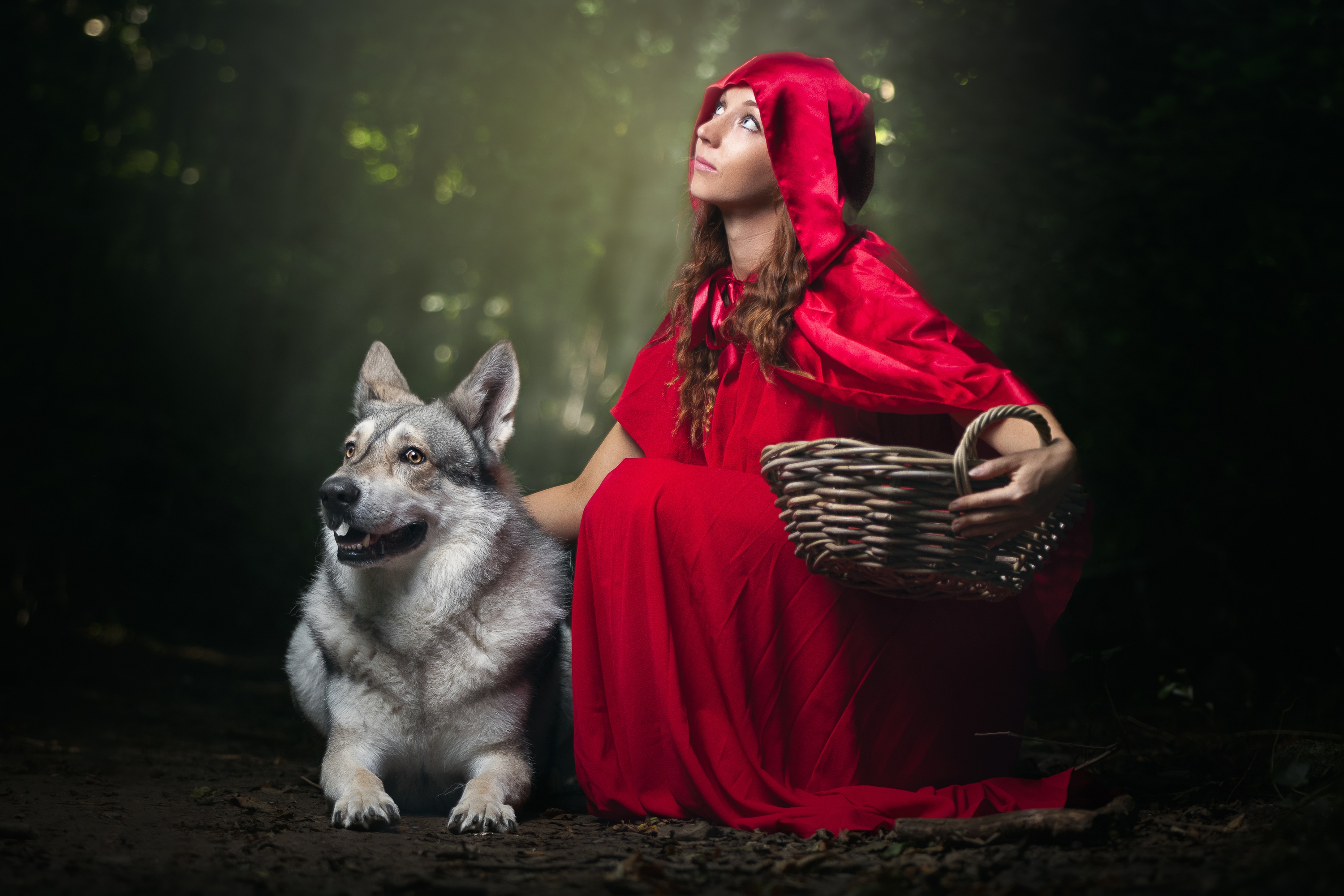 Download mobile wallpaper Dog, Hood, Women, Cloak, Cosplay, Red Riding Hood for free.