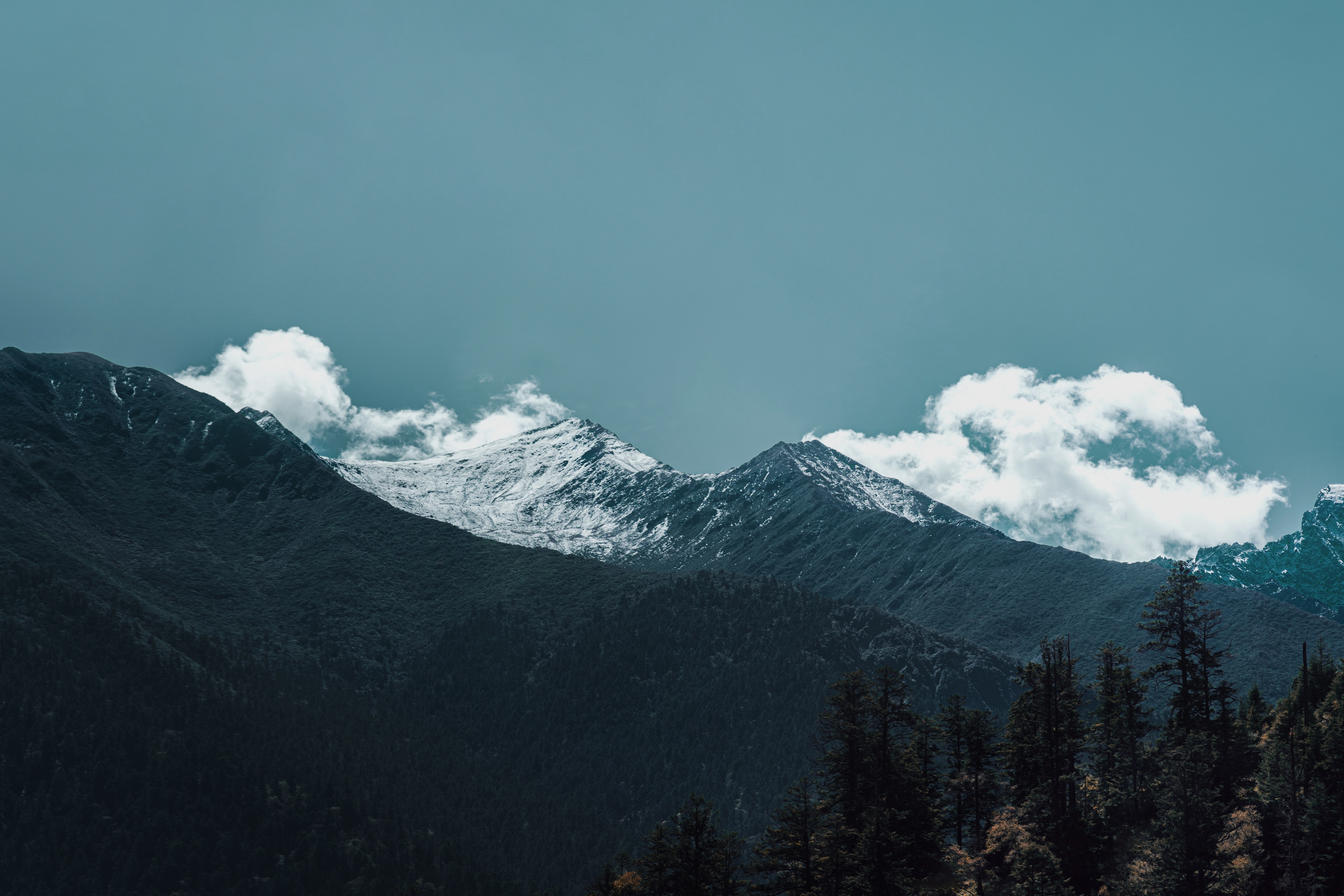 Download mobile wallpaper Vertex, Trees, Clouds, Tops, Mountains, Nature, Landscape for free.