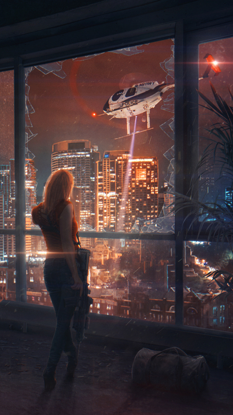 Download mobile wallpaper Cyberpunk, Sci Fi, Helicopter, Police, Broken Glass for free.