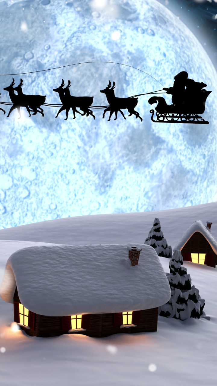 Download mobile wallpaper Winter, Night, Moon, Snow, Silhouette, Christmas, Holiday, Sleigh, Reindeer for free.