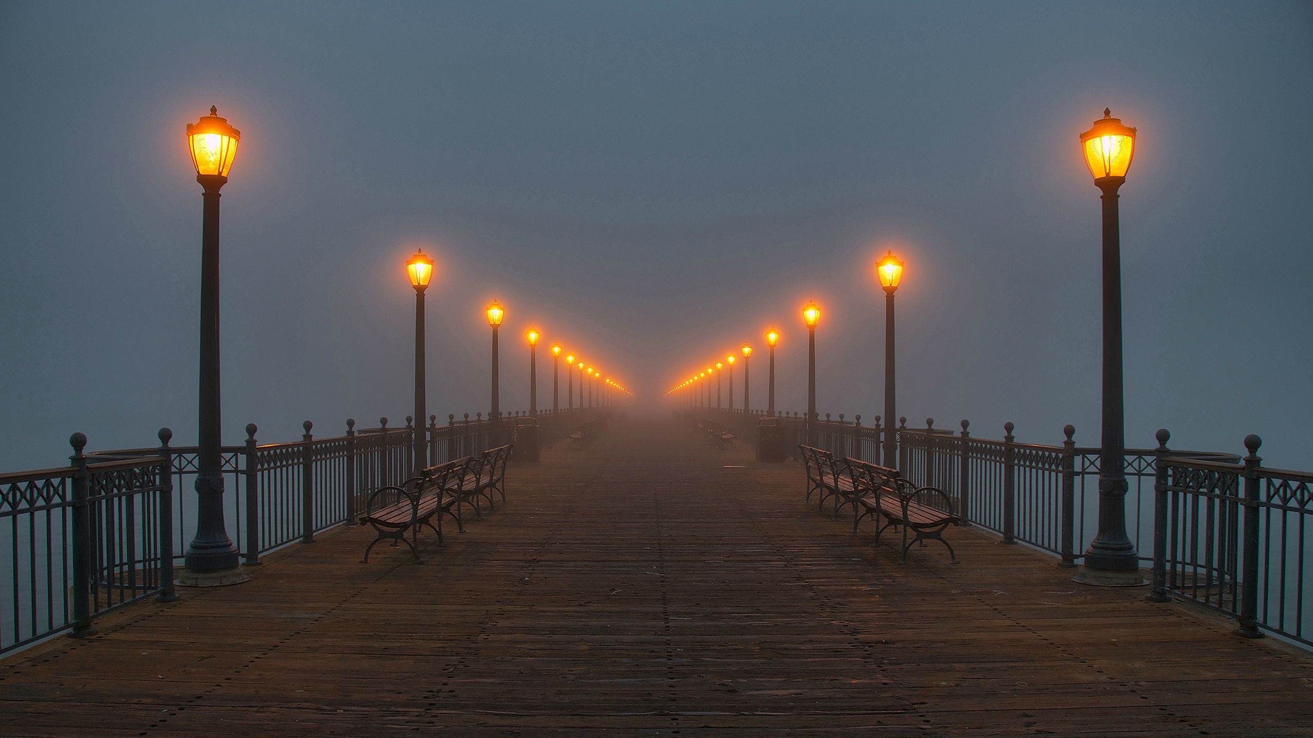 Download mobile wallpaper Light, Pier, Bench, Man Made for free.
