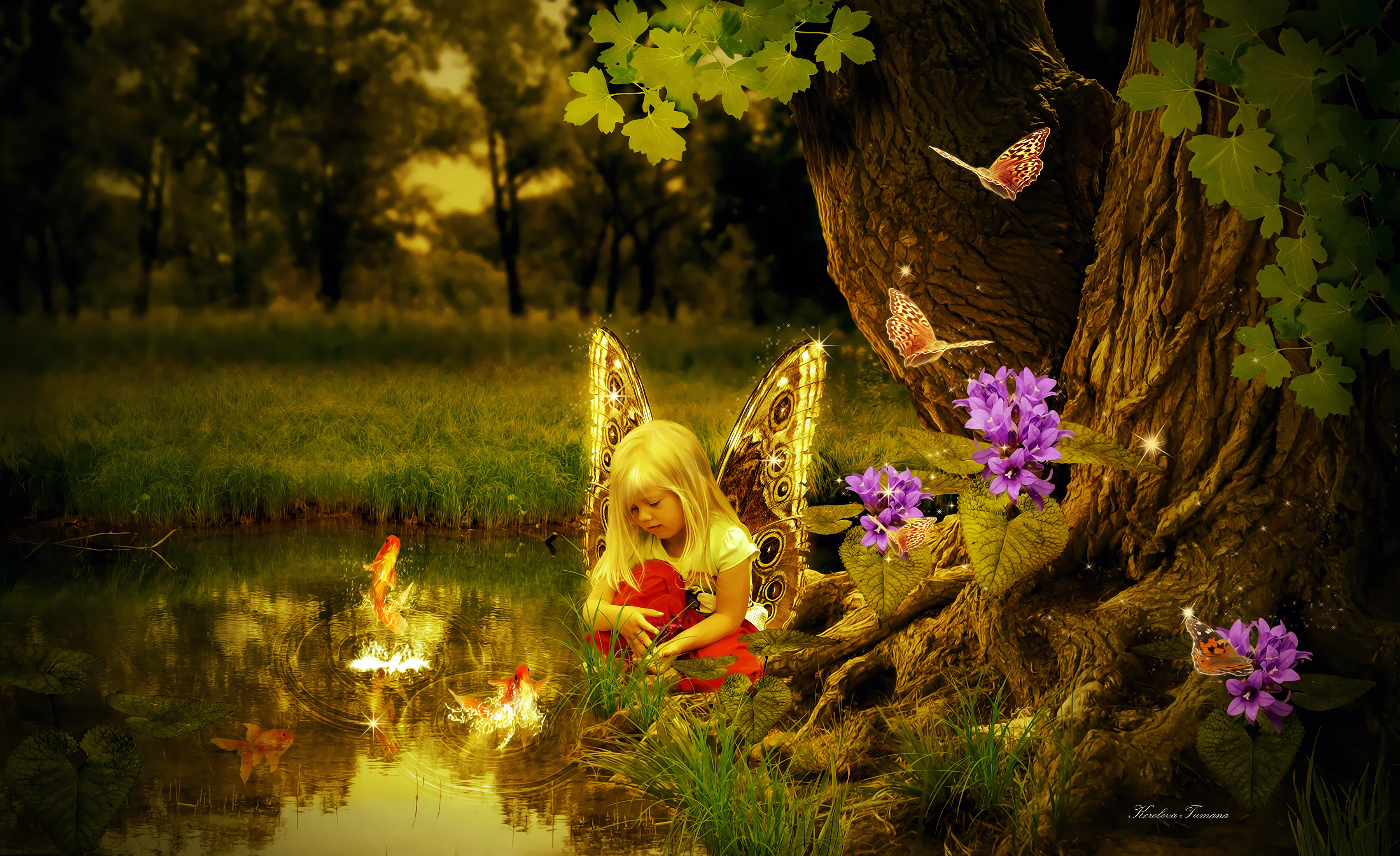 Free download wallpaper Fantasy, Flower, Forest, Butterfly, Pond, Artistic, Fish, Fairy, Manipulation, Little Girl on your PC desktop