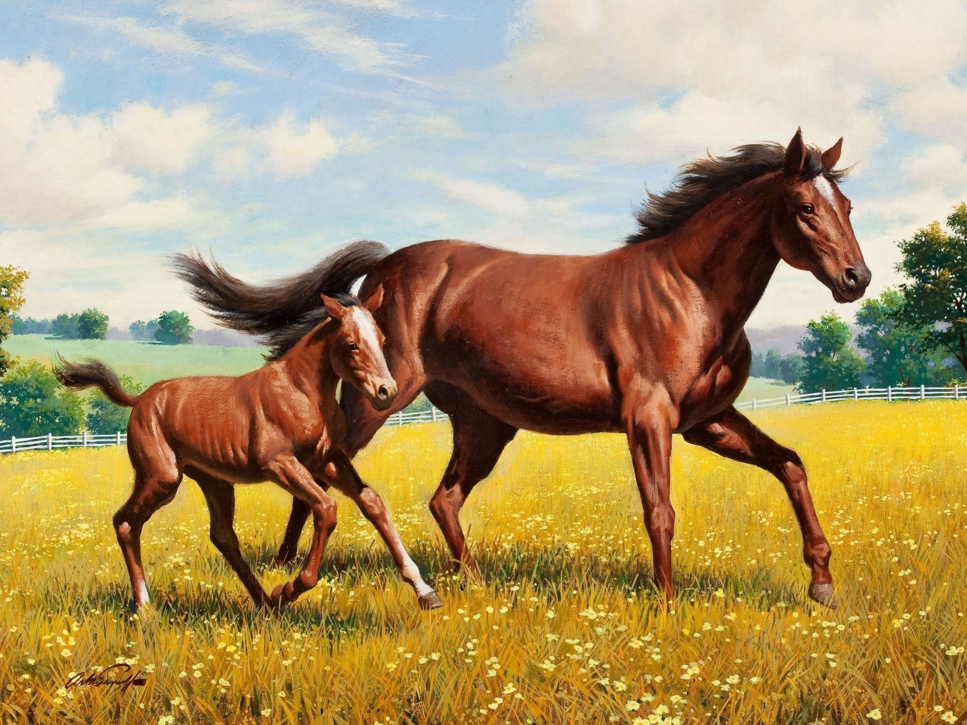 animal, horse, baby animal, foal, painting