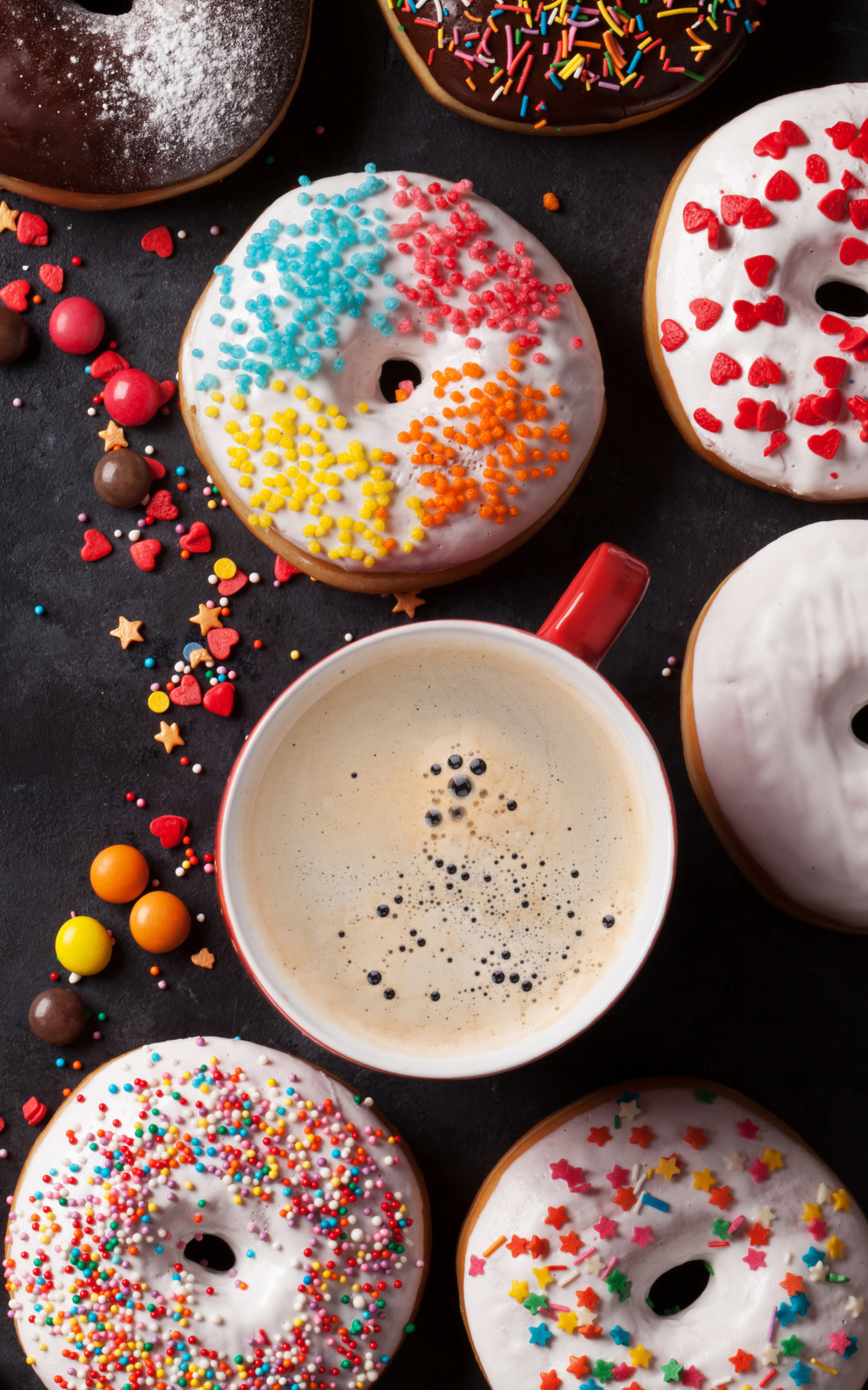 Handy-Wallpaper Tasse, Süßigkeiten, Nahrungsmittel, Stillleben, Kaffee, Donut kostenlos herunterladen.