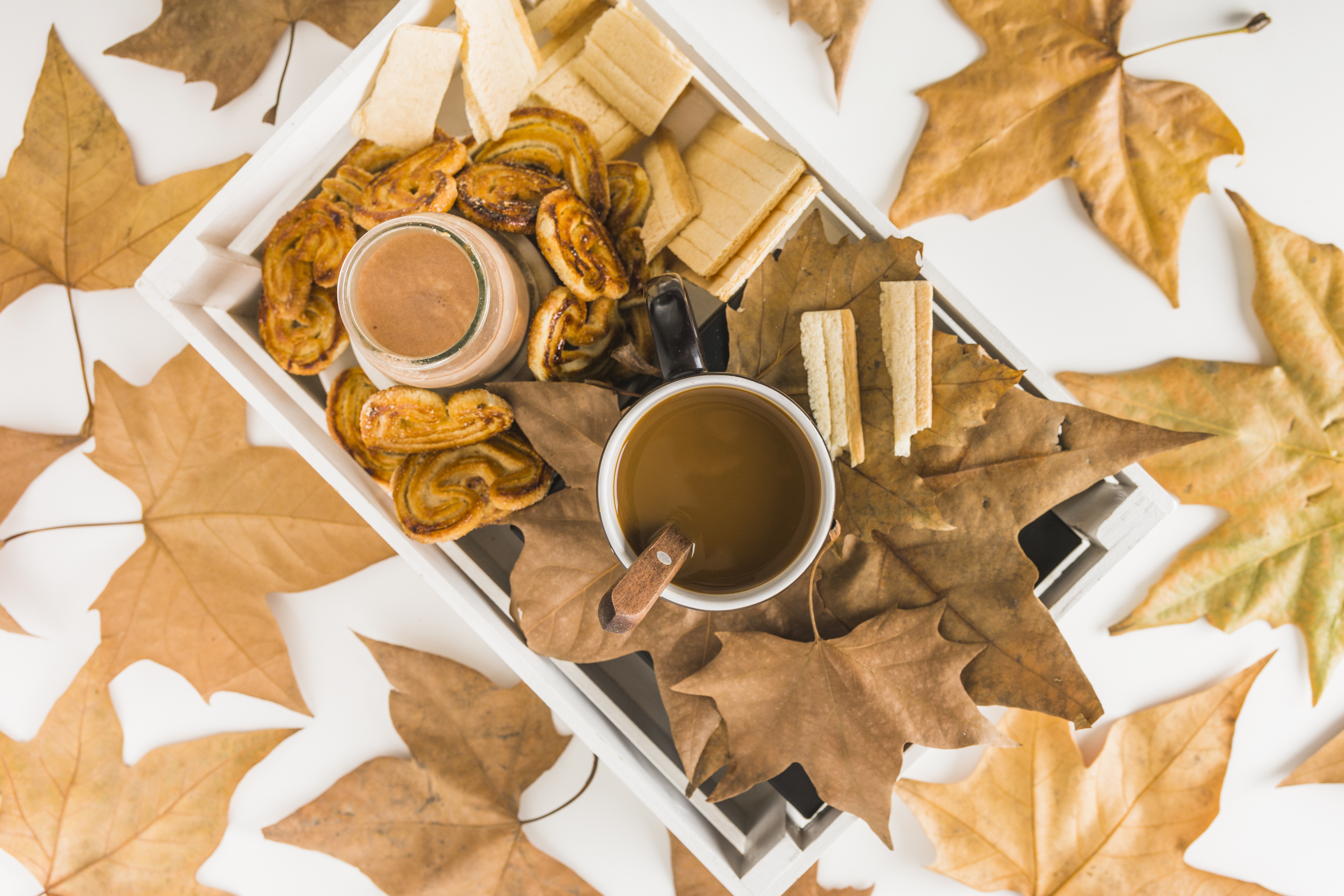 Laden Sie das Blatt, Nahrungsmittel, Stillleben, Kaffee, Plätzchen-Bild kostenlos auf Ihren PC-Desktop herunter