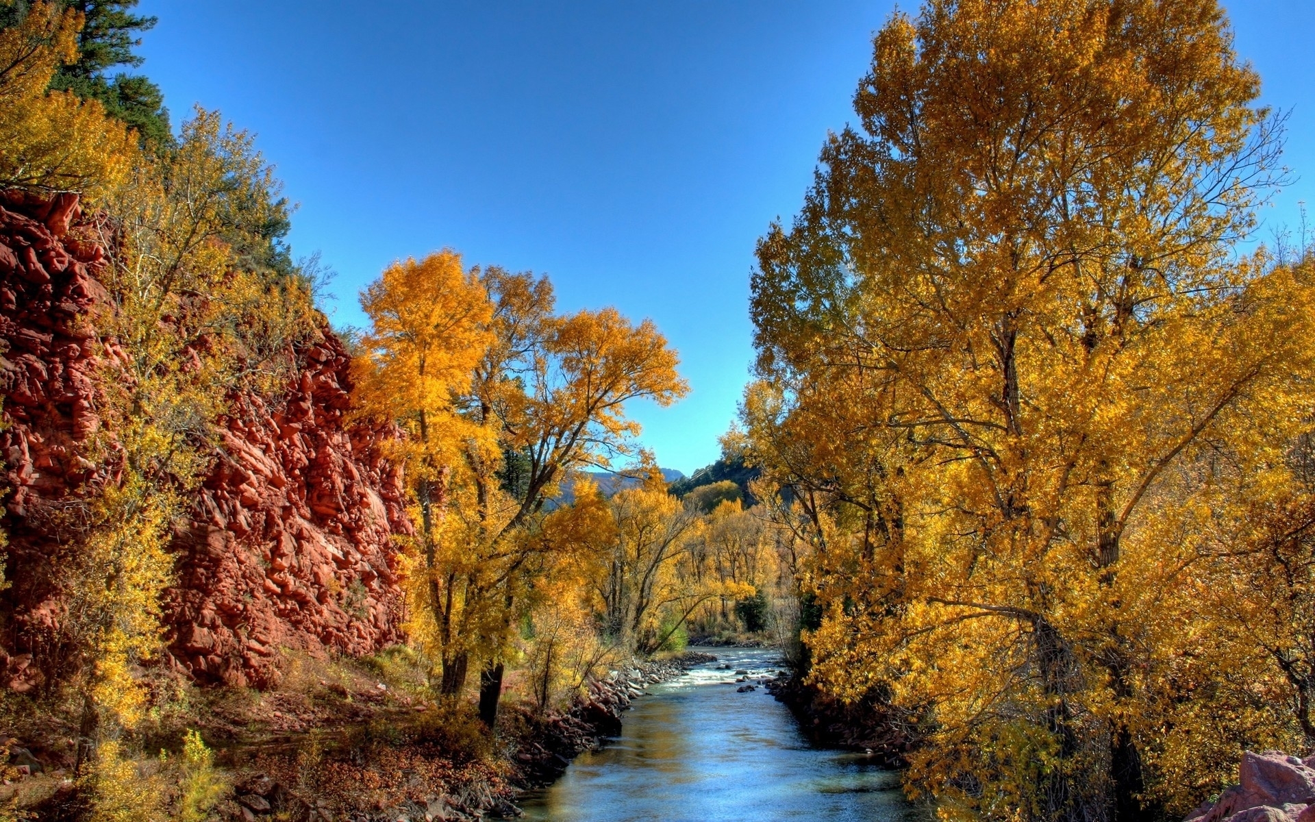 Скачать картинку Деревья, Пейзаж, Река, Осень в телефон бесплатно.