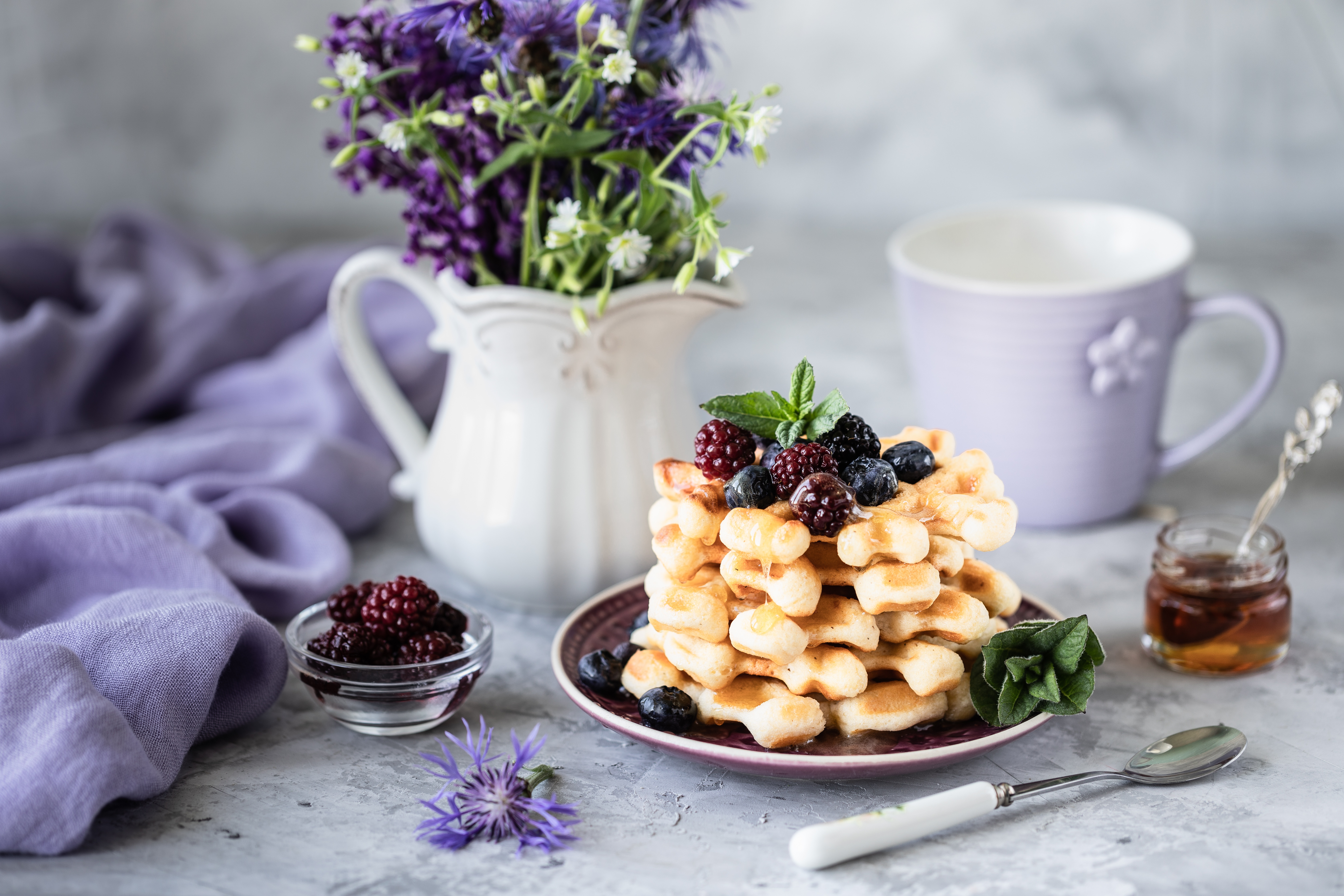 Download mobile wallpaper Food, Still Life, Flower, Berry, Waffle, Breakfast for free.