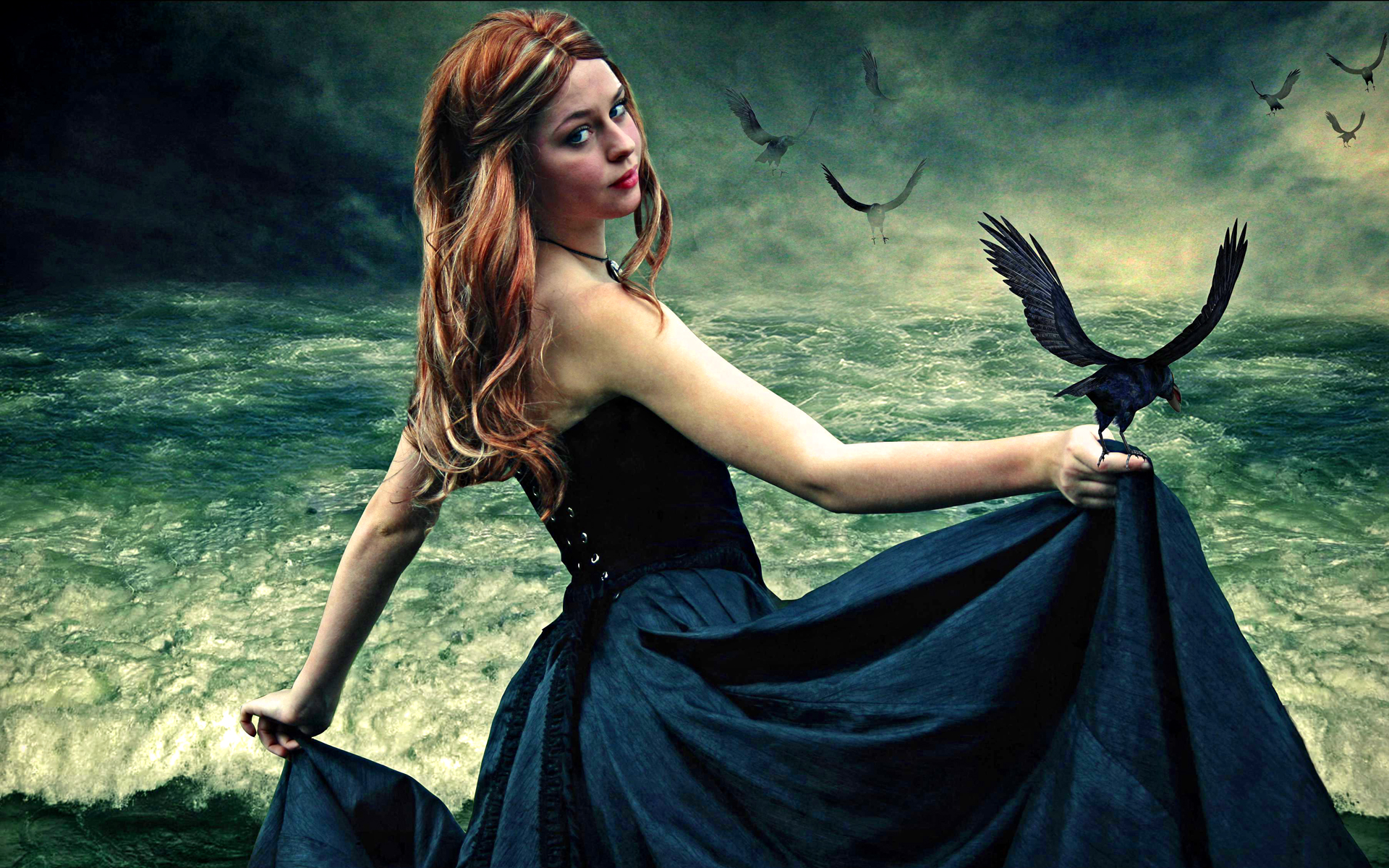 Free download wallpaper Gothic, Ocean, Raven, Women on your PC desktop