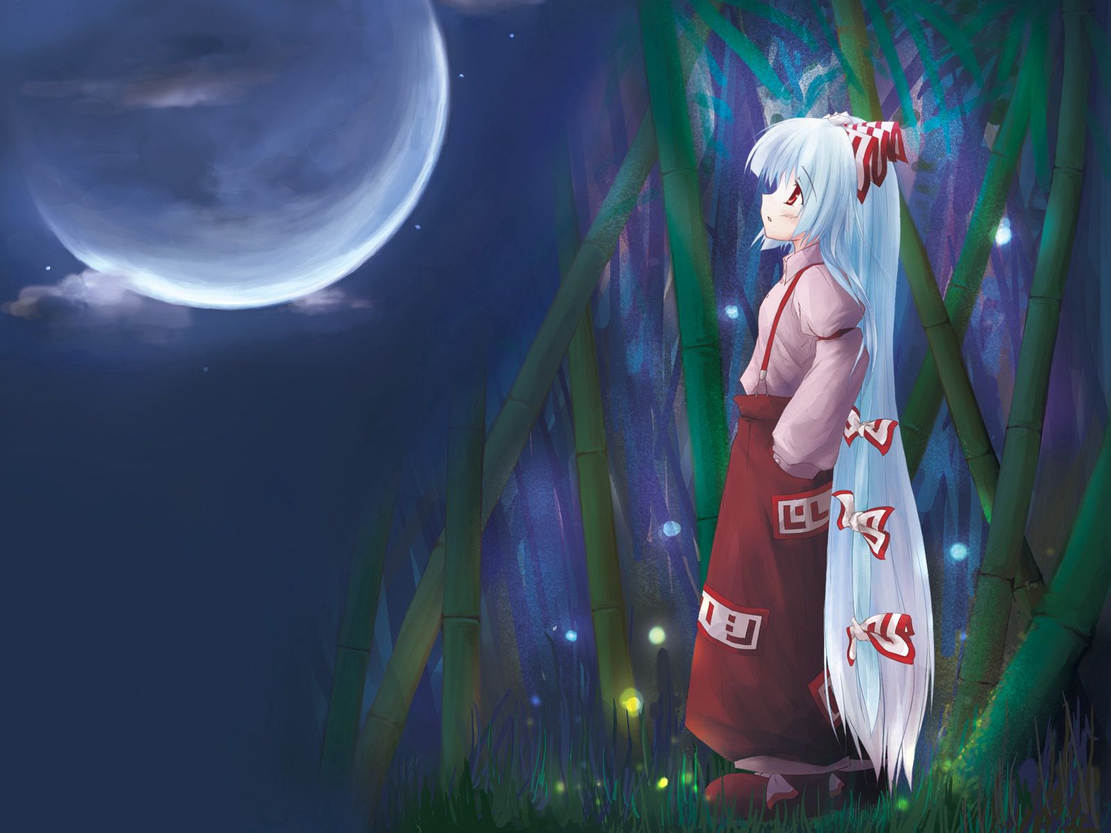 anime, moon, girl, kimono, pensive, thoughtful