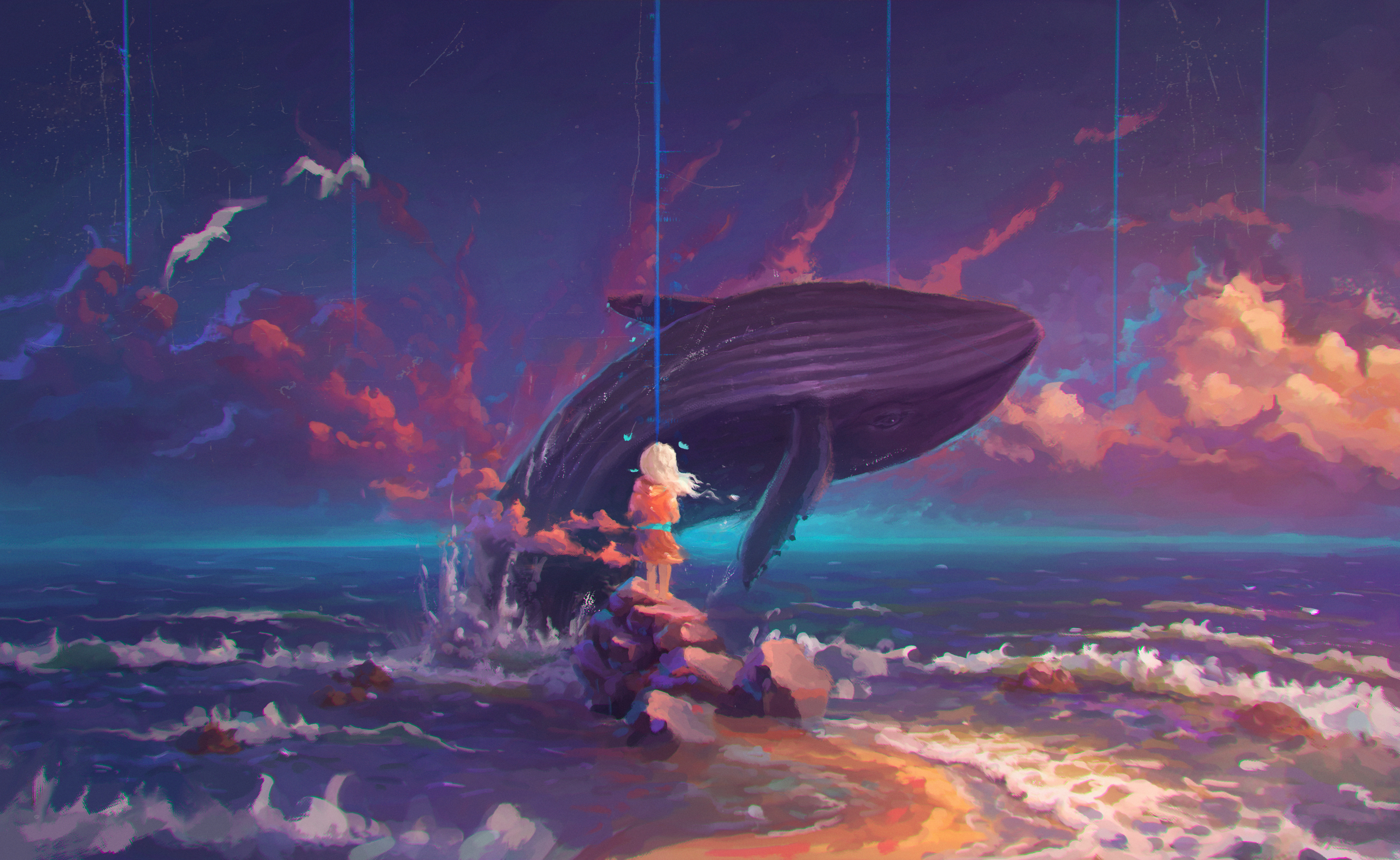 Free download wallpaper Fantasy, Sky, Ocean, Child, Whale, Little Girl on your PC desktop