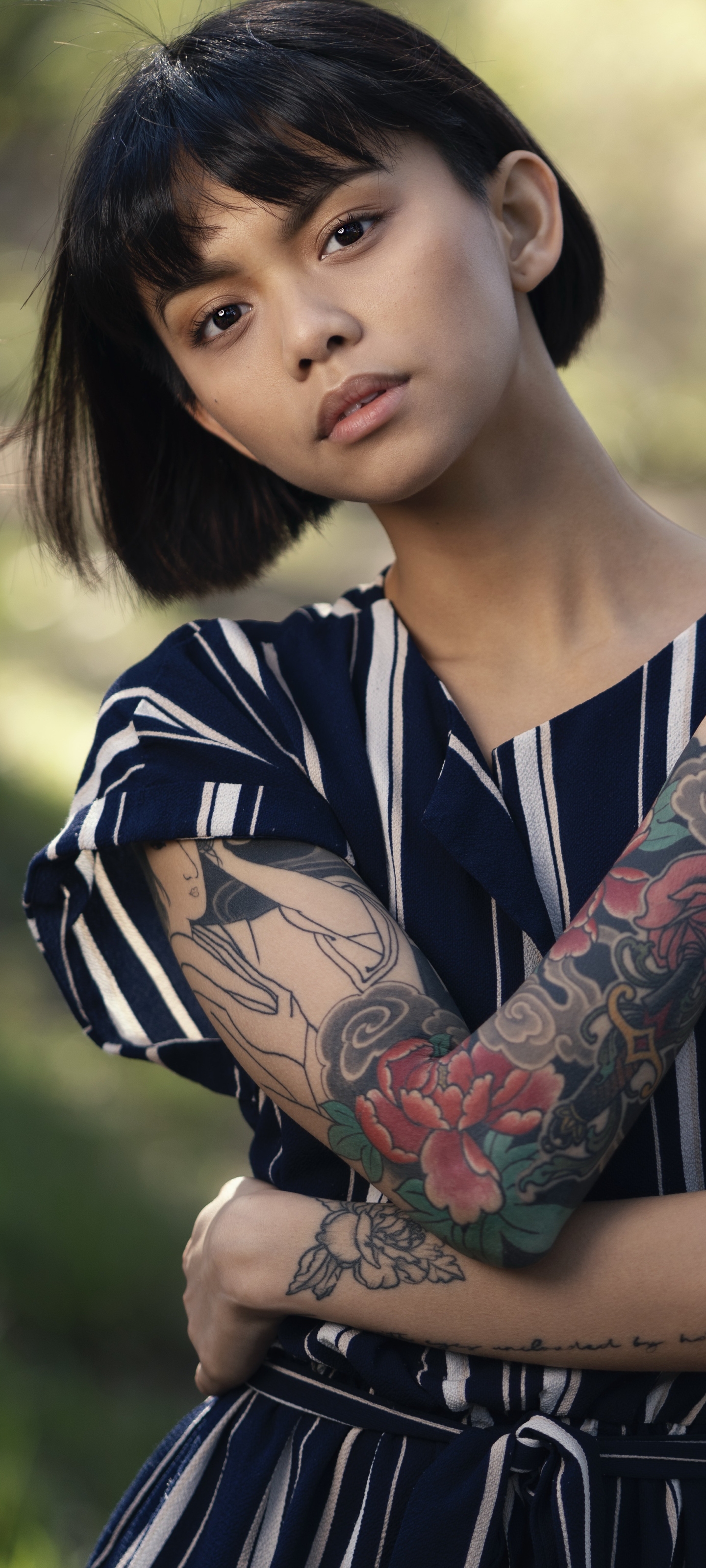 Download mobile wallpaper Tattoo, Model, Women, Brown Eyes, Black Hair, Short Hair for free.