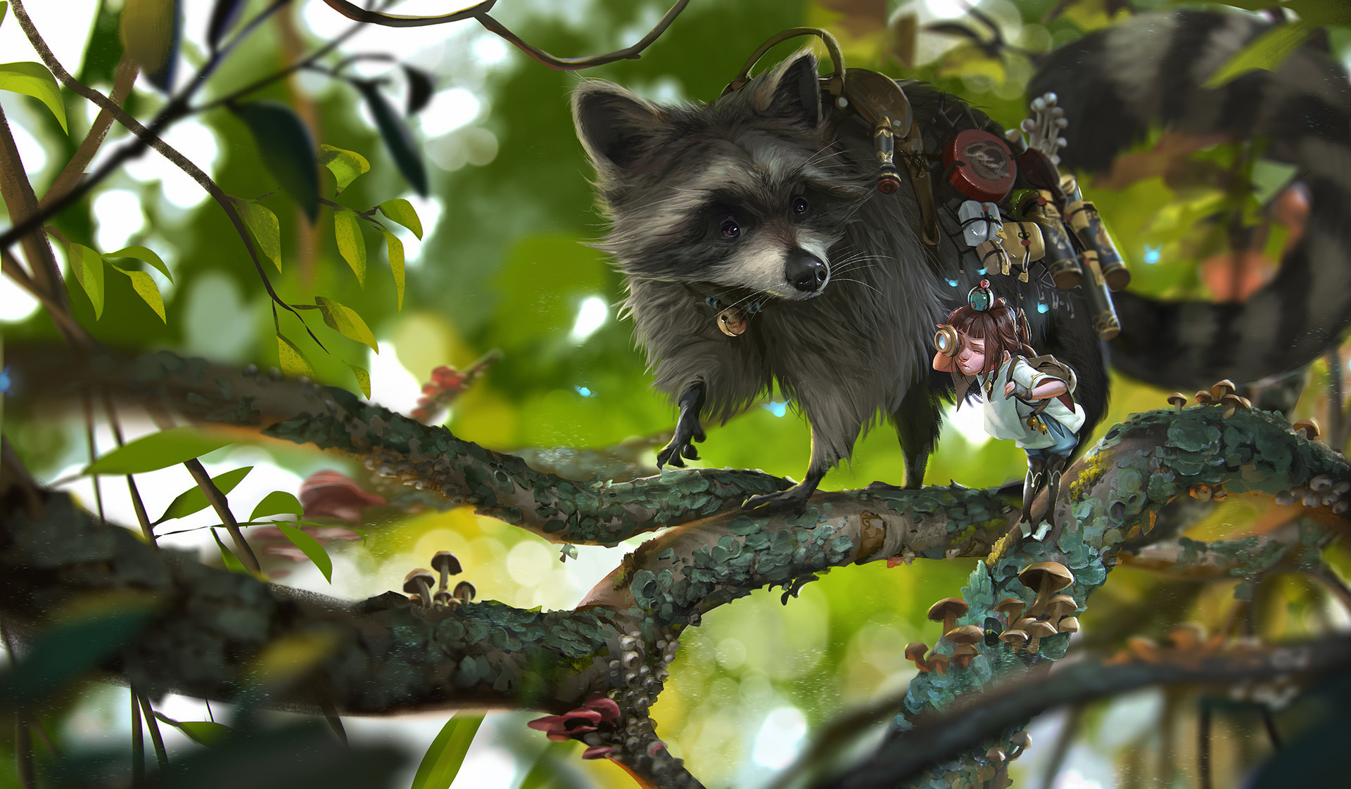 Download mobile wallpaper Fantasy, Branch, Child, Raccoon, Little Girl for free.