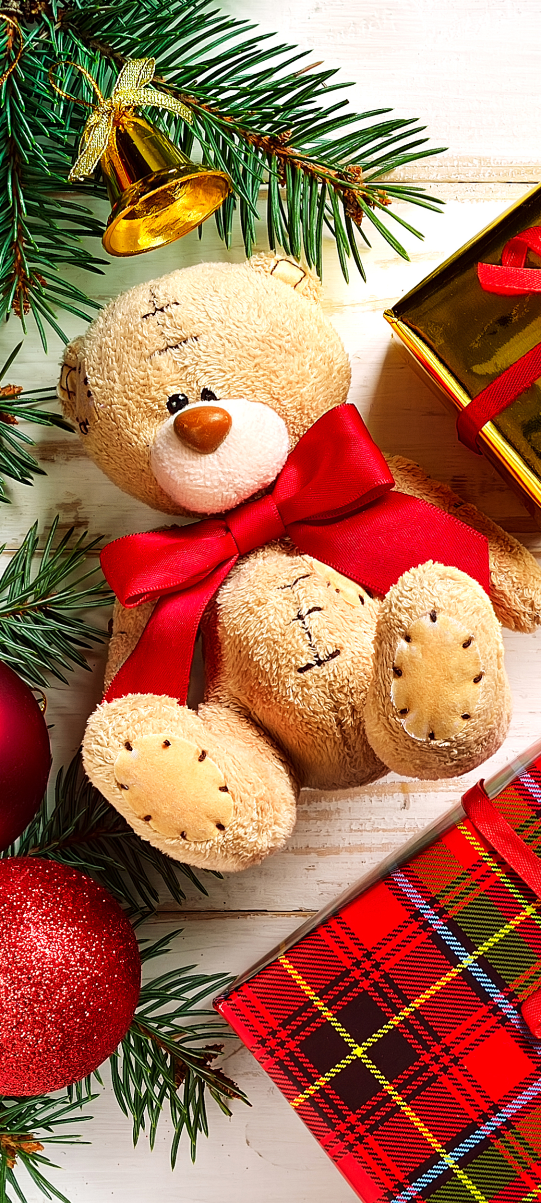 Téléchargez des papiers peints mobile Noël, Nouvel An, Vacances, Cadeau, Décorations De Noël, Ours En Peluche gratuitement.