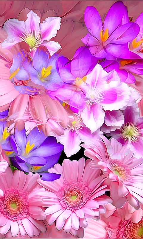無料モバイル壁紙ピンク, ガーベラ, 花, 紫の, ペインティング, 芸術的, クロッカスをダウンロードします。