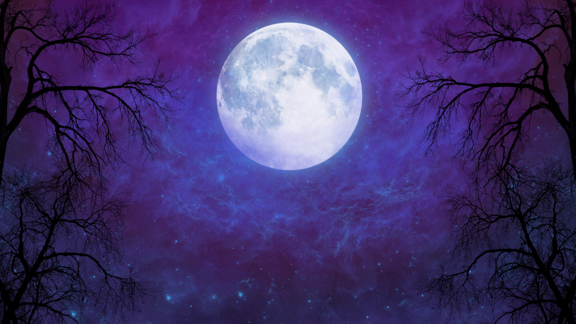 Скачать обои бесплатно Ночь, Облака, Луна, Силуэт, Звездное Небо, Пурпурный, Художественные картинка на рабочий стол ПК