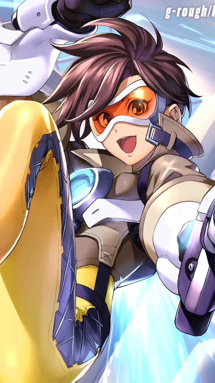 Download mobile wallpaper Weapon, Smile, Overwatch, Video Game, Gun, Brown Hair, Short Hair, Goggles, Tracer (Overwatch) for free.