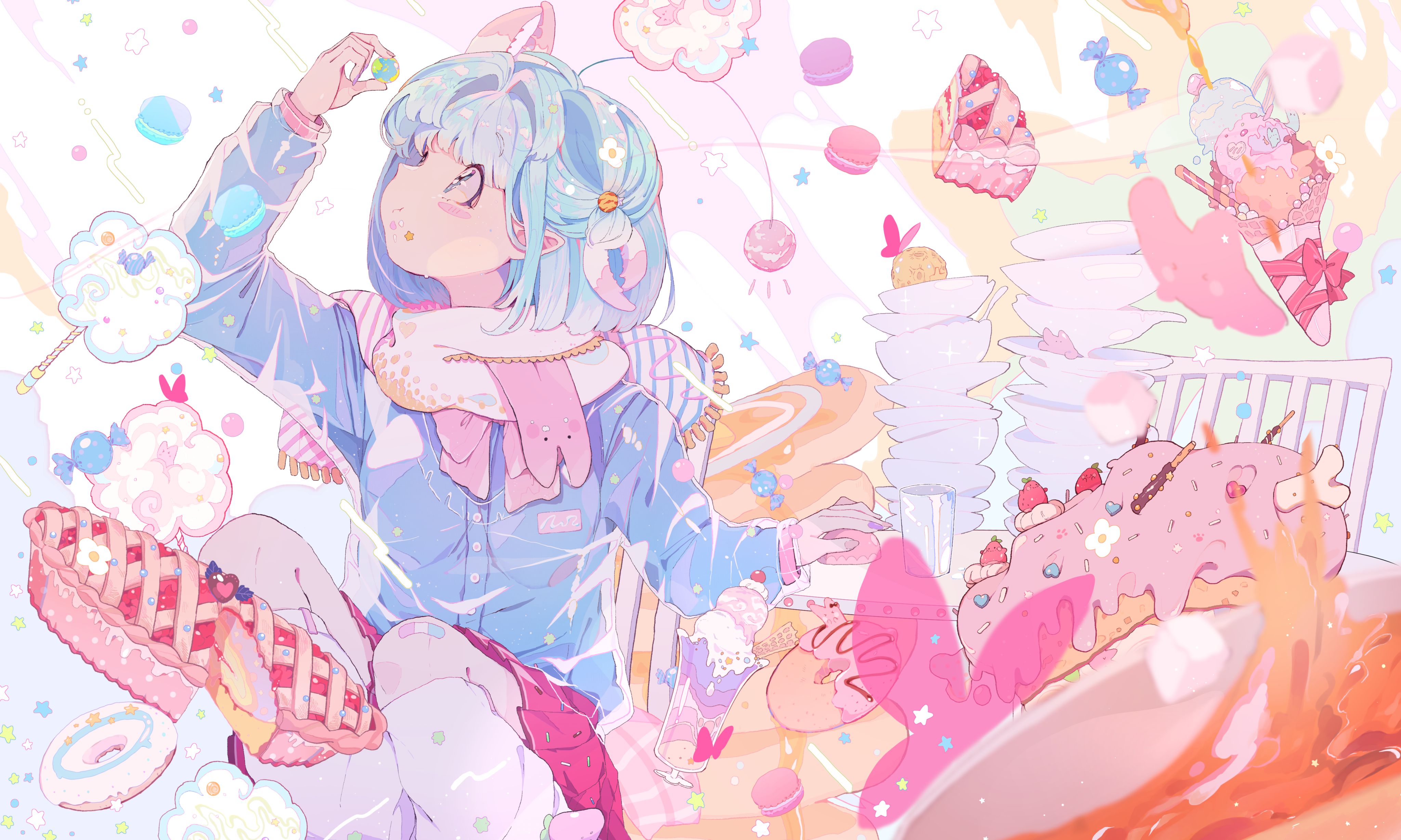 Free download wallpaper Anime, Food, Original, Blue Hair on your PC desktop