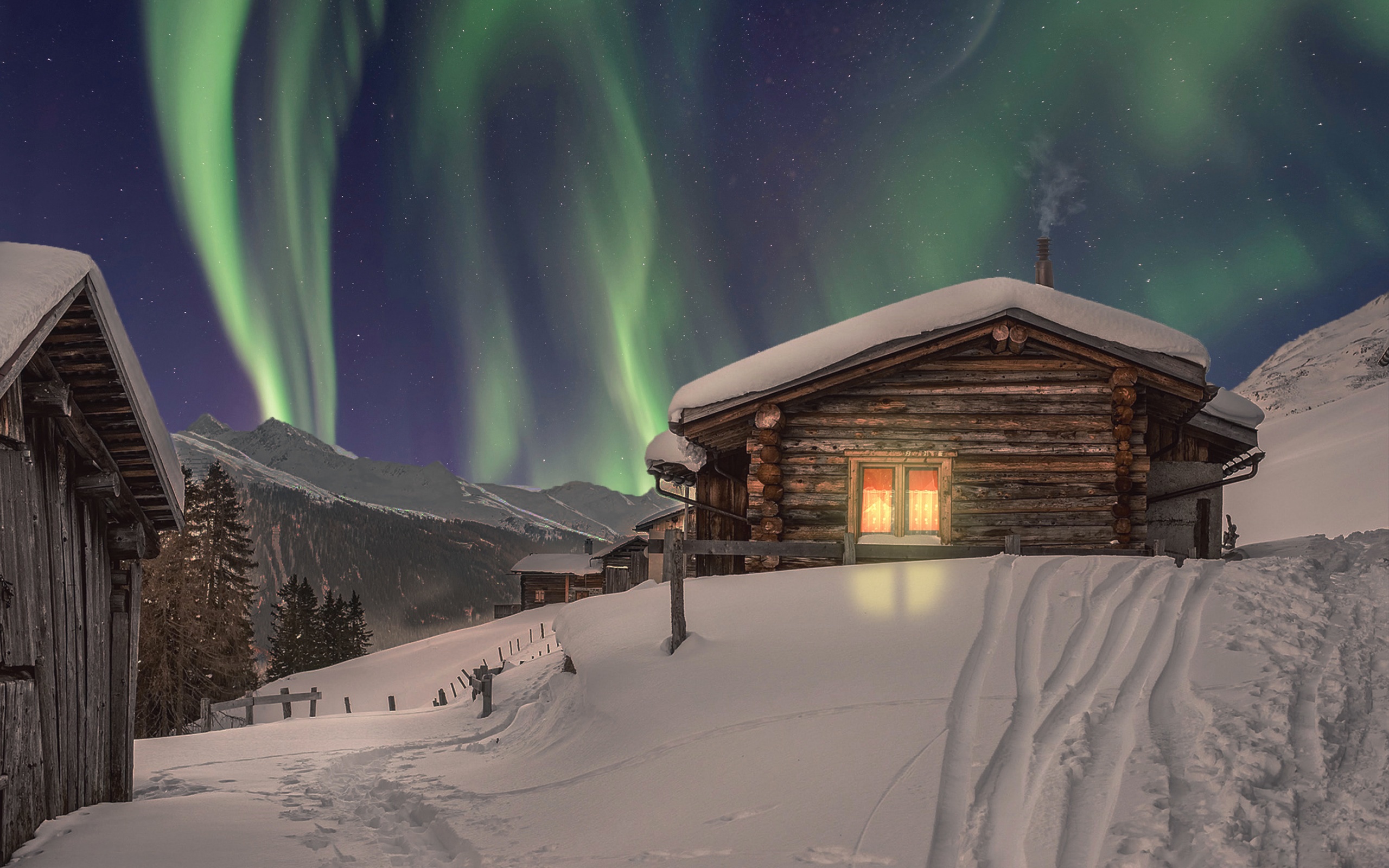 Download mobile wallpaper Winter, Snow, House, Aurora Borealis, Photography for free.