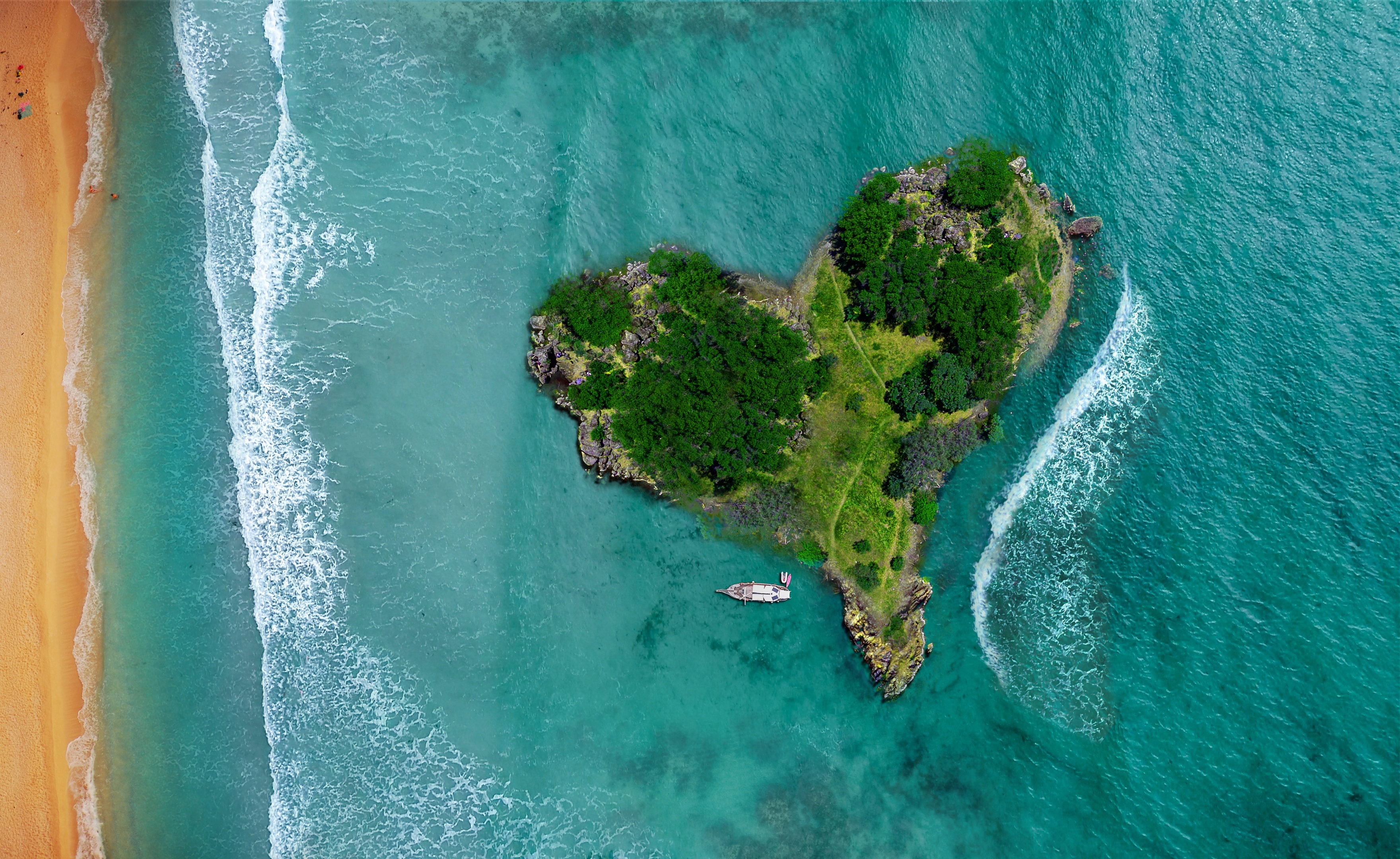 island, love, view from above, ocean, heart