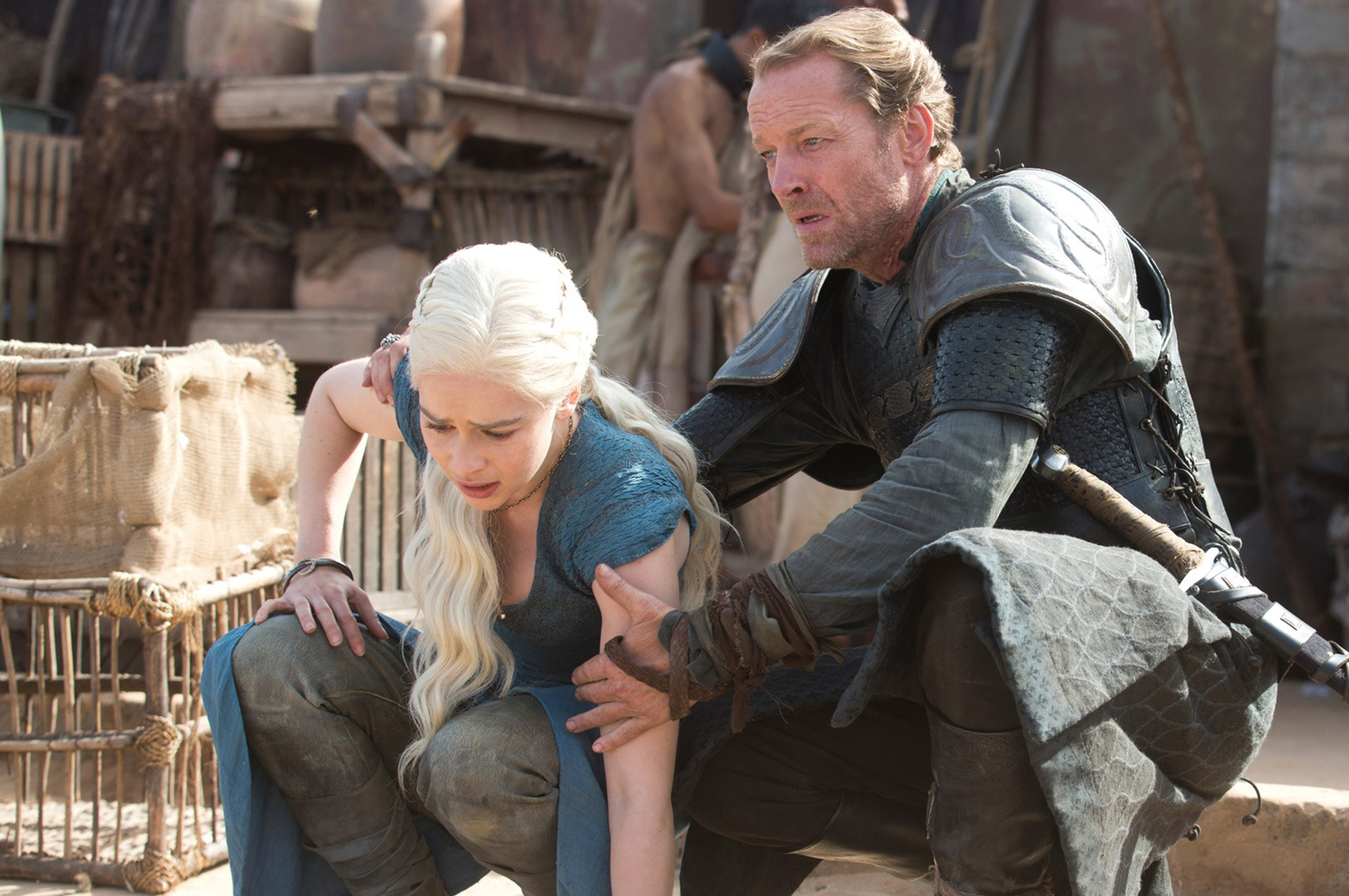 Laden Sie das Fernsehserien, Game Of Thrones: Das Lied Von Eis Und Feuer, Daenerys Targaryen, Emilia Clarke, Ian Glen, Jorah Mormont-Bild kostenlos auf Ihren PC-Desktop herunter
