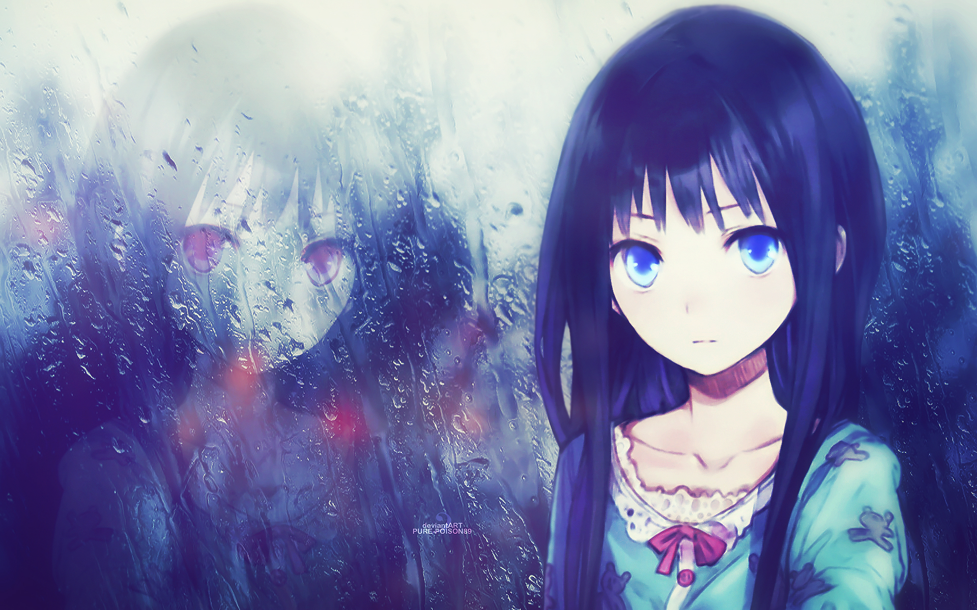 anime, kamisama no memochou, alice (heaven's memo pad), blue eyes, blue hair, heaven's memo pad, long hair, rain, reflection, yūko shionji