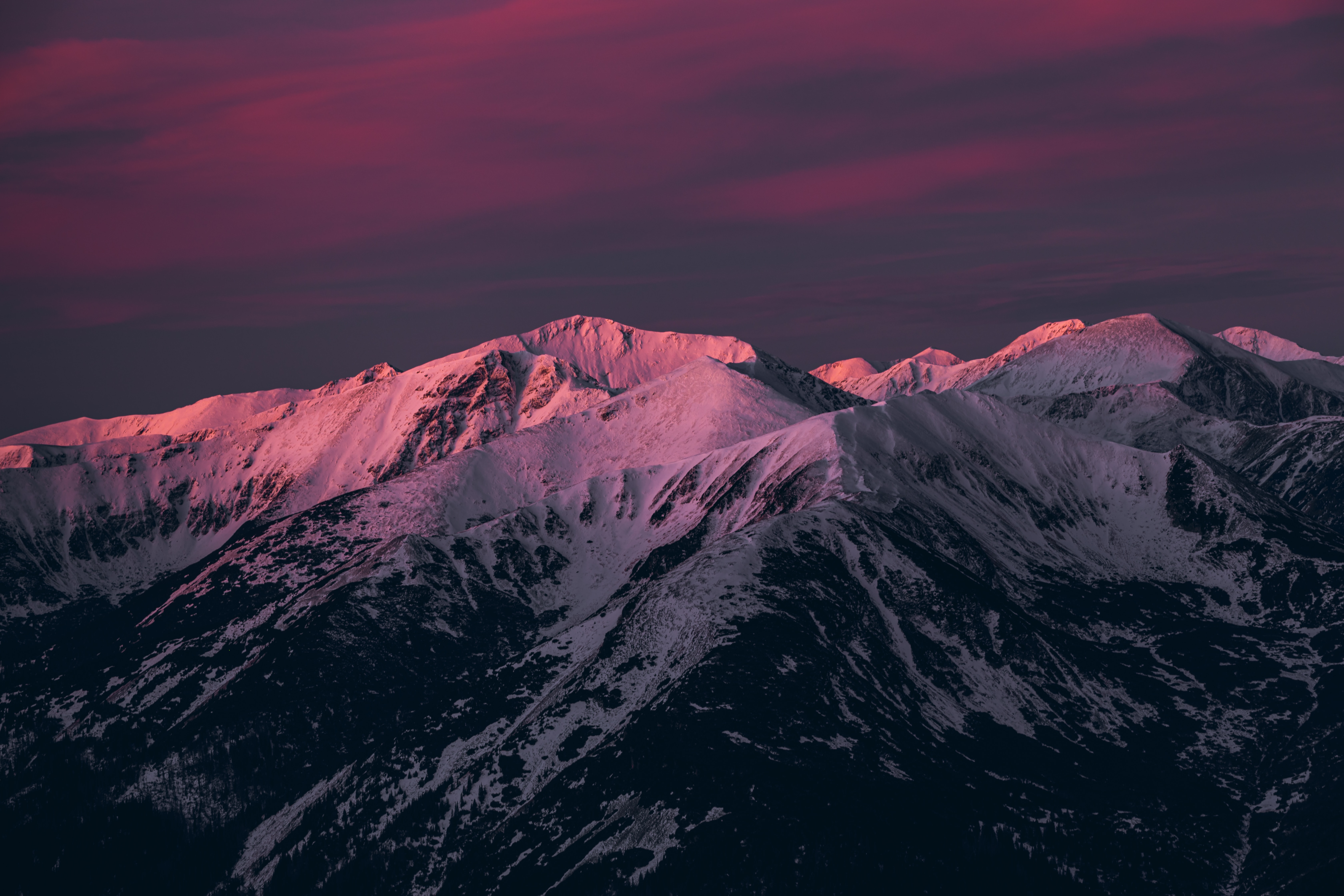 dusk, pink, twilight, nature, mountains, snow