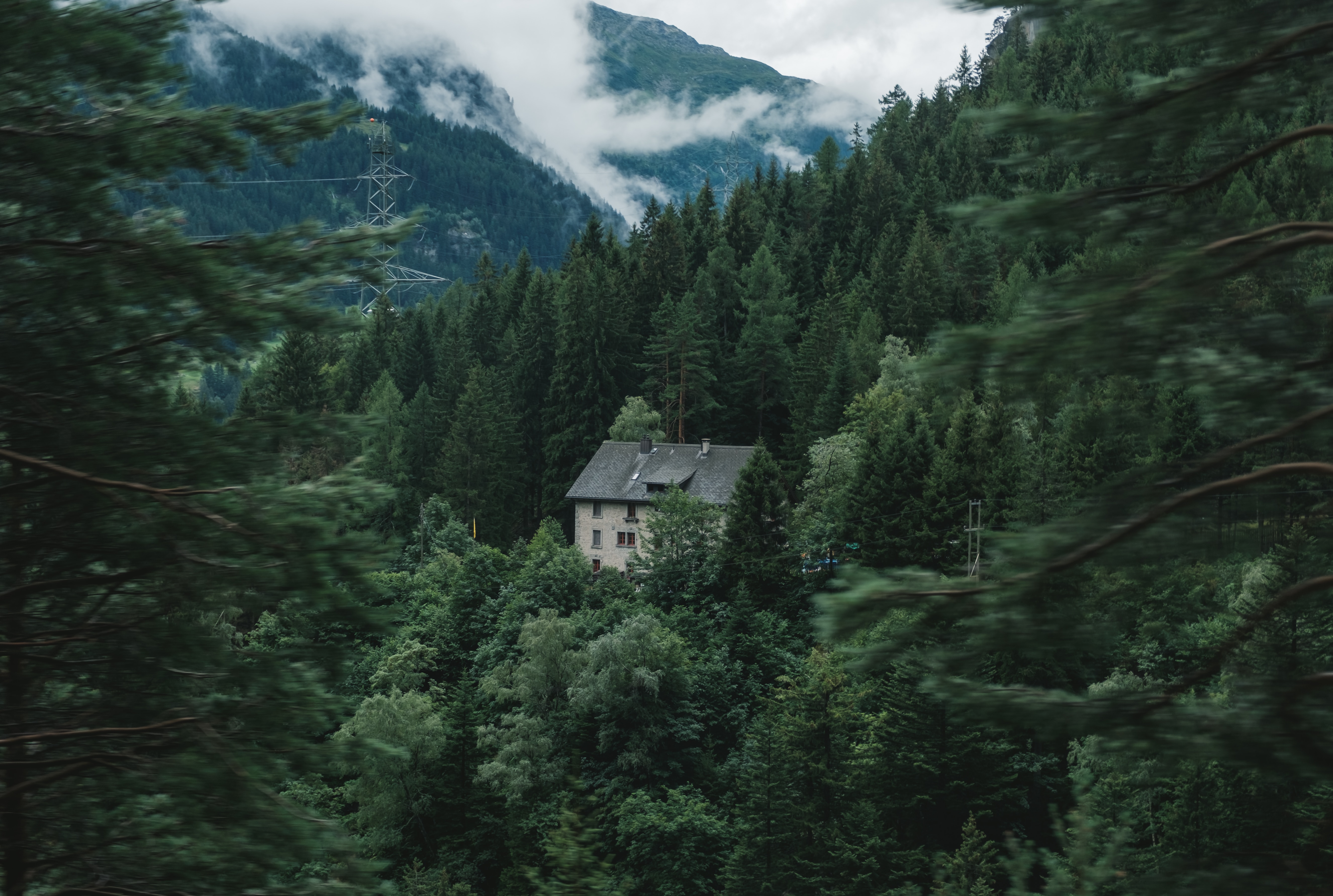 Download mobile wallpaper Trees, Forest, Mountains, Nature, House for free.