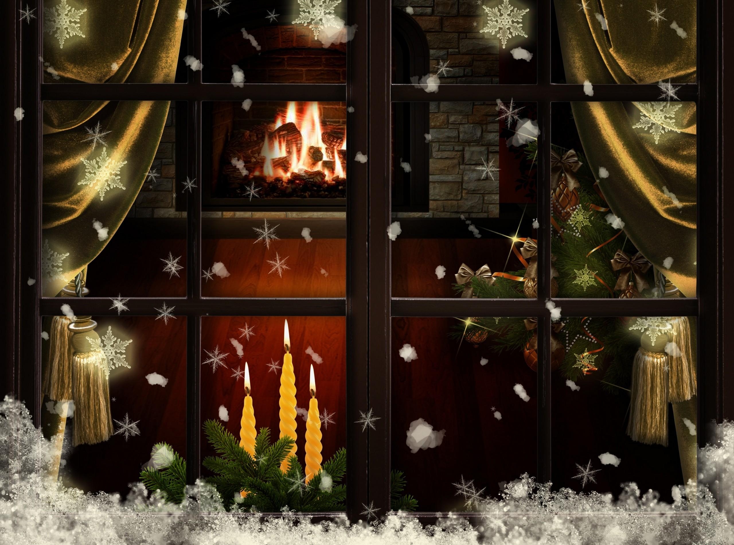 Free download wallpaper Christmas, Window, Christmas Tree, Coziness, Comfort, Holidays, Candles, Fireplace on your PC desktop
