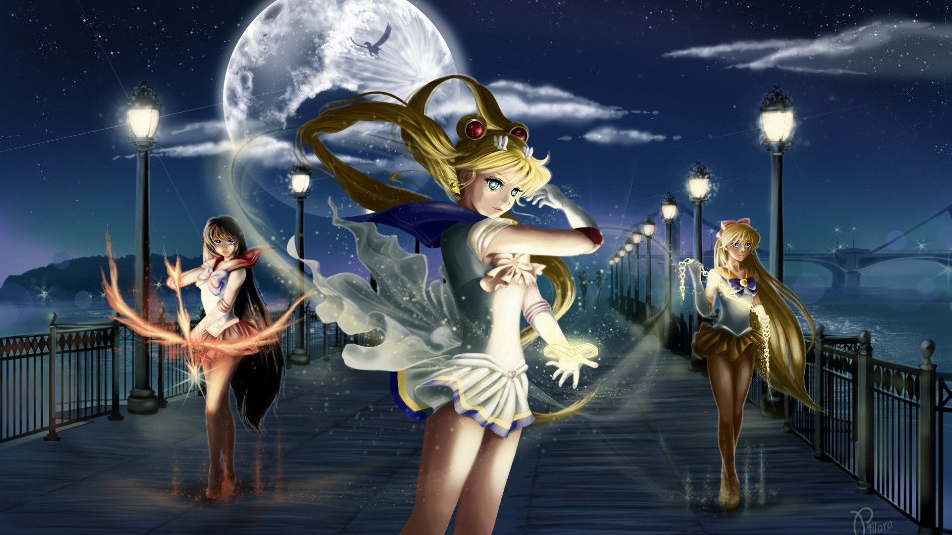 346717 Hintergrundbild herunterladen sailor moon das mädchen mit den zauberkräften, animes, brücke, mond, nacht - Bildschirmschoner und Bilder kostenlos