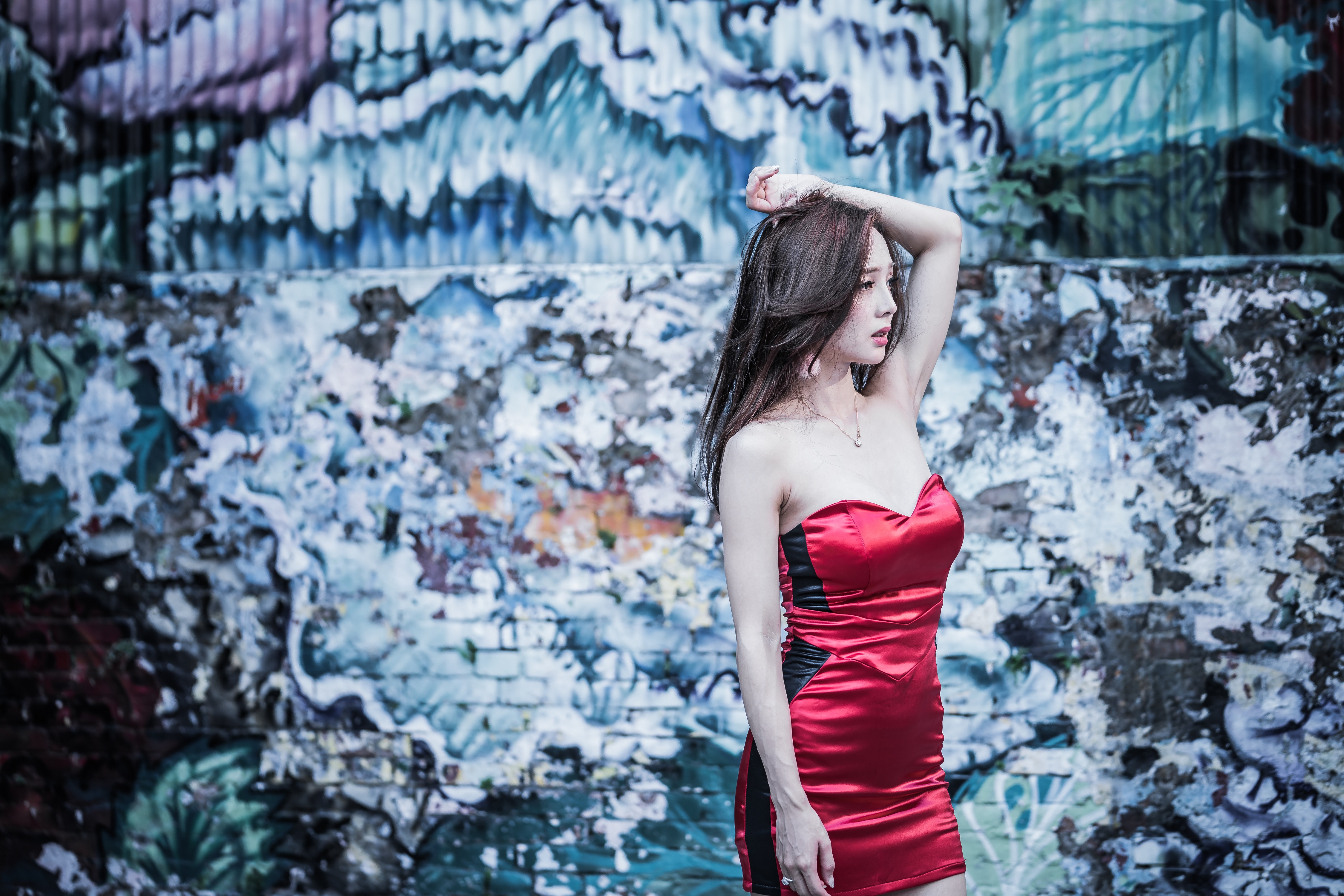 Download mobile wallpaper Model, Women, Asian, Black Hair, Red Dress for free.