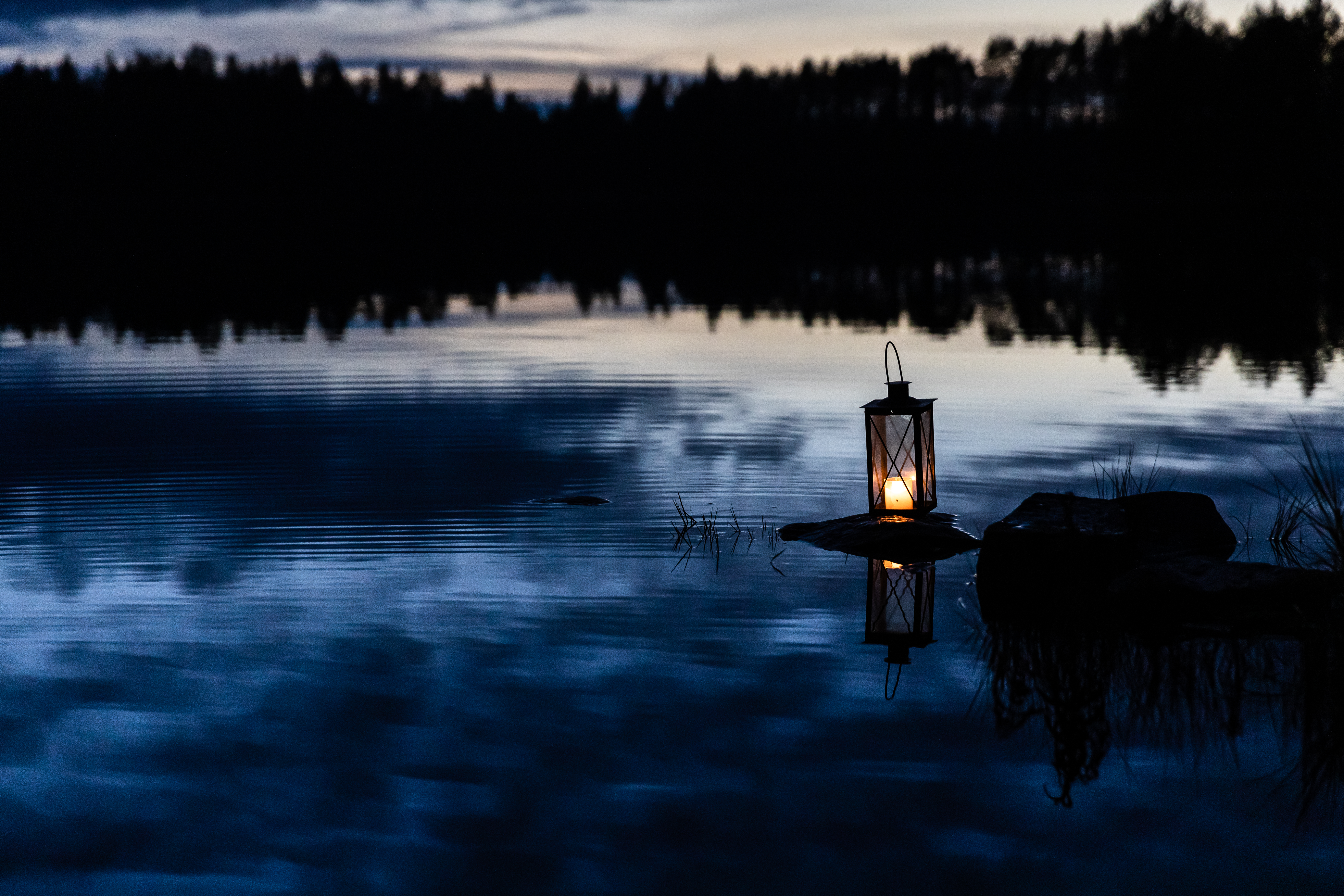 lantern, water, rock, lake, dark, lamp, stone