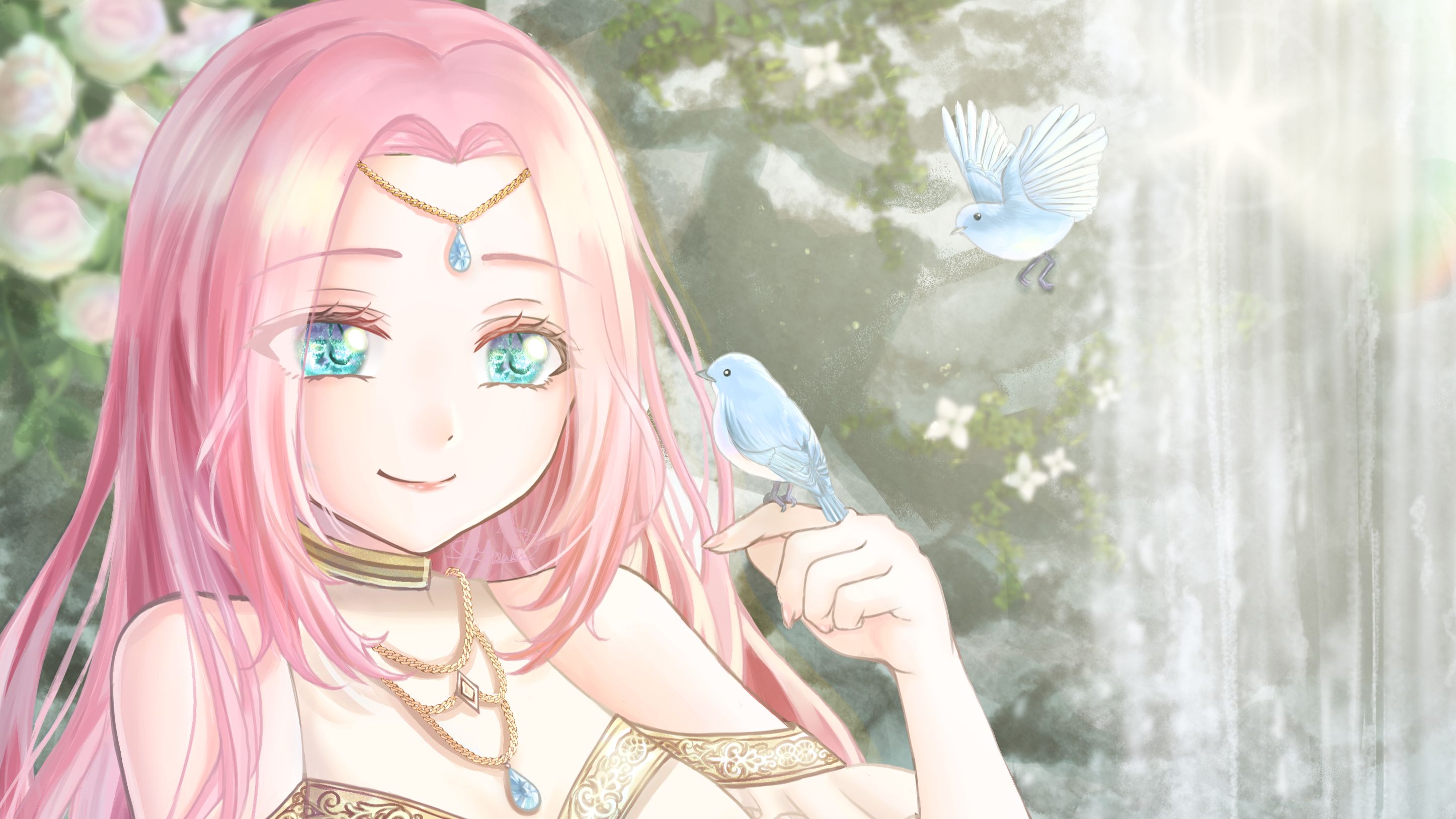 Laden Sie das Mädchen, Vogel, Blaue Augen, Pinkes Haar, Animes-Bild kostenlos auf Ihren PC-Desktop herunter