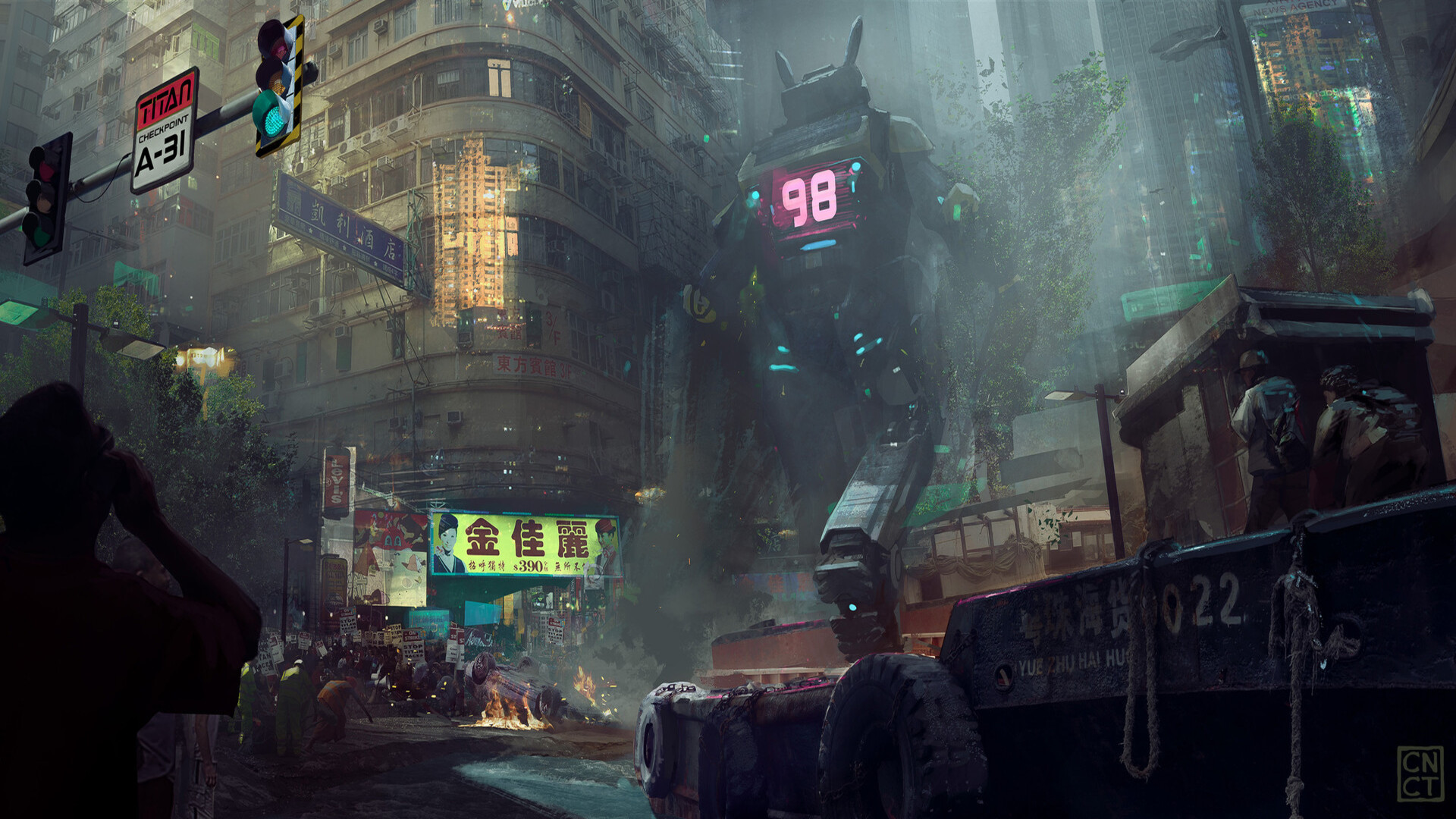 Download mobile wallpaper Building, Robot, Sci Fi, Street for free.