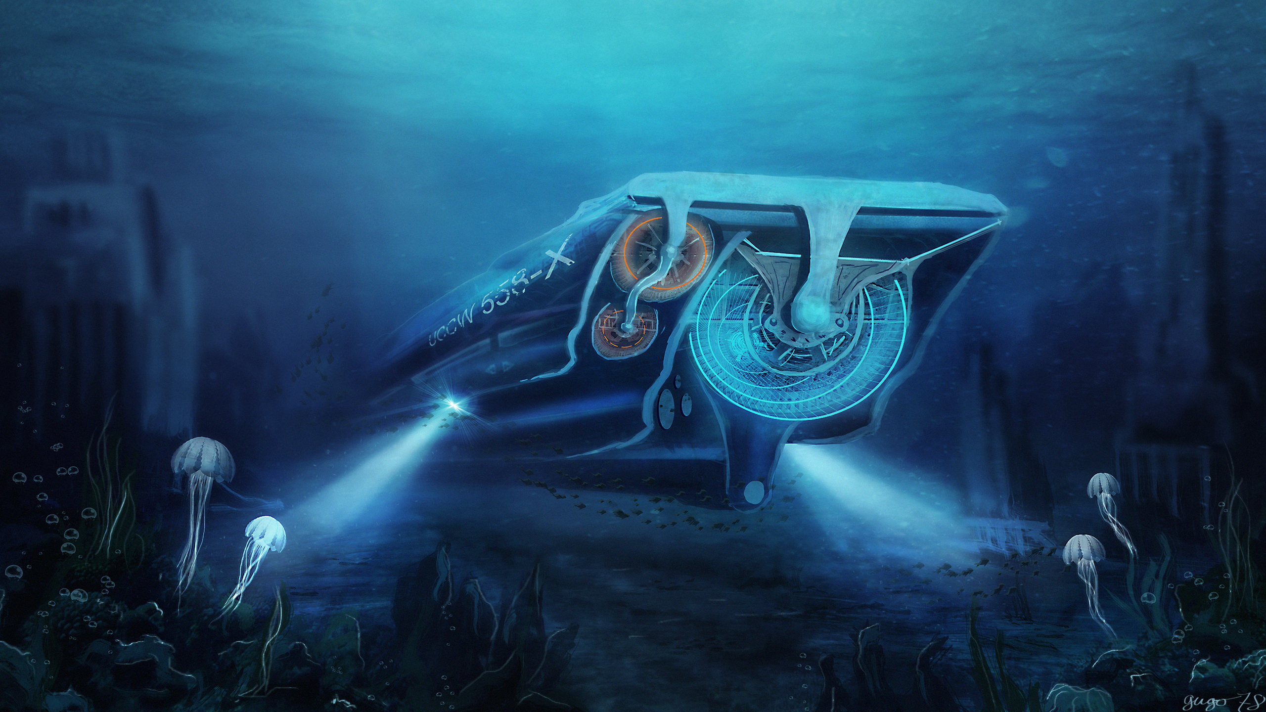 Free download wallpaper Fantasy, Jellyfish, Ocean, Underwater, Vehicle on your PC desktop