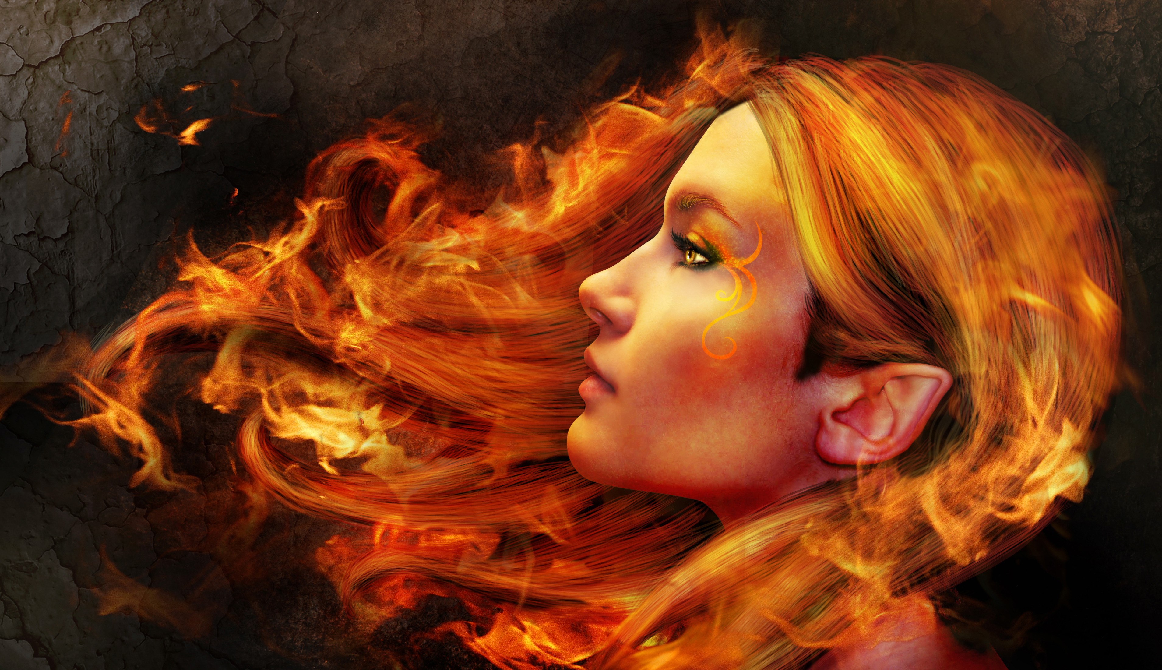 Free download wallpaper Fantasy, Fire, Face, Women, Pointed Ears, Red Hair on your PC desktop