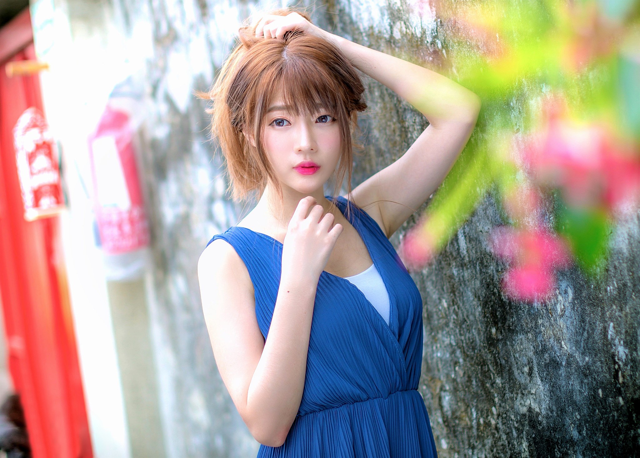 Download mobile wallpaper Brunette, Model, Women, Asian, Lipstick, Blue Dress for free.