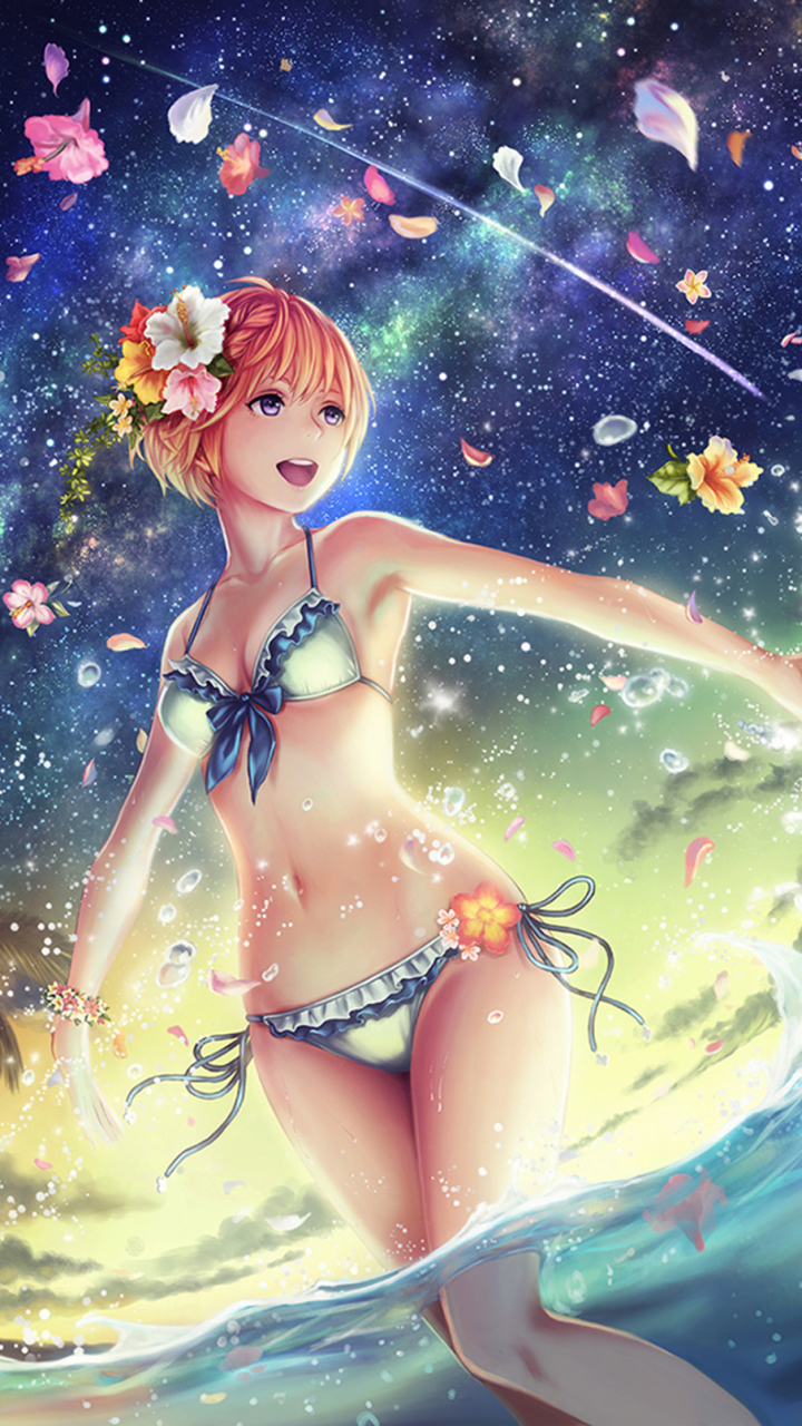 Handy-Wallpaper Strand, Blume, Original, Animes, Bikini kostenlos herunterladen.