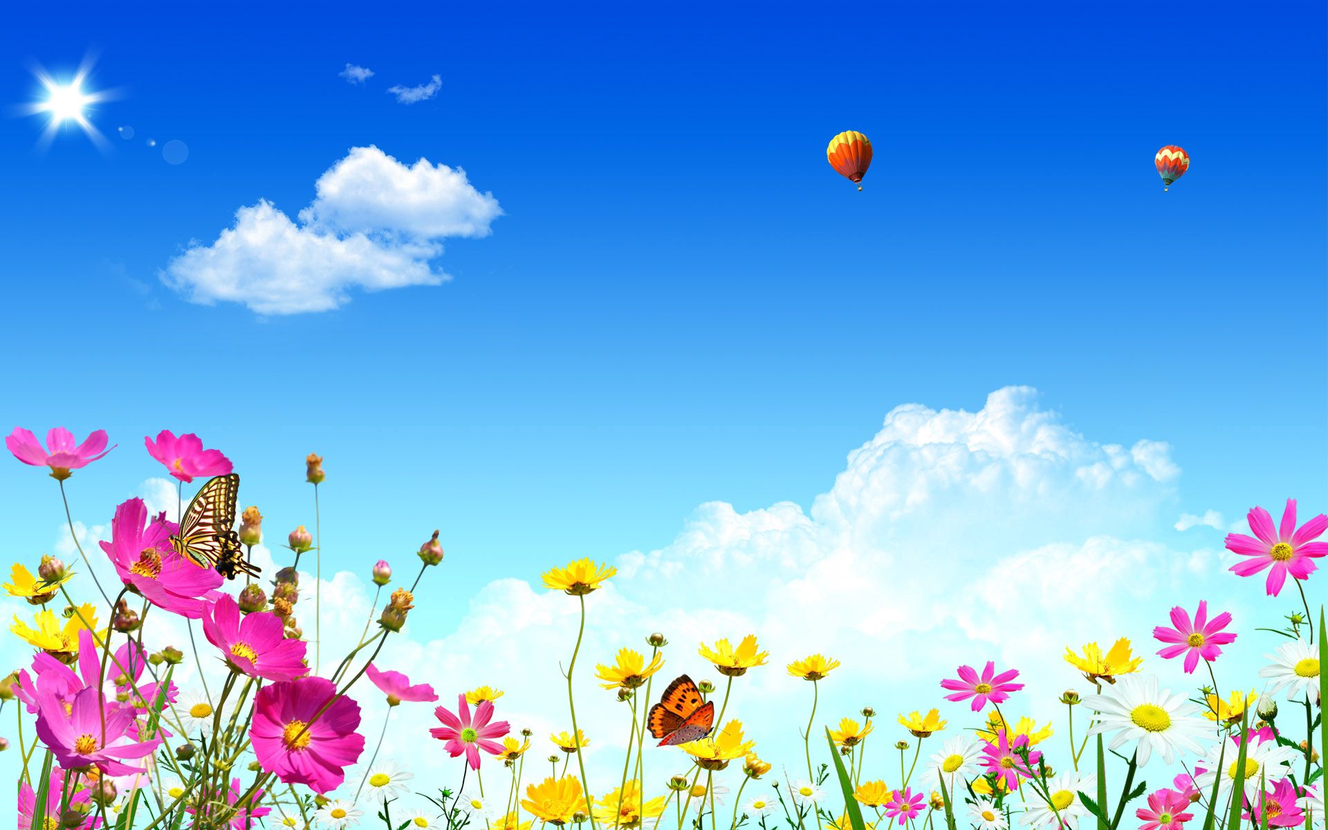 152004 скачать картинку цветы, бабочки, воздушные шары, небо, вектор - обои и заставки бесплатно