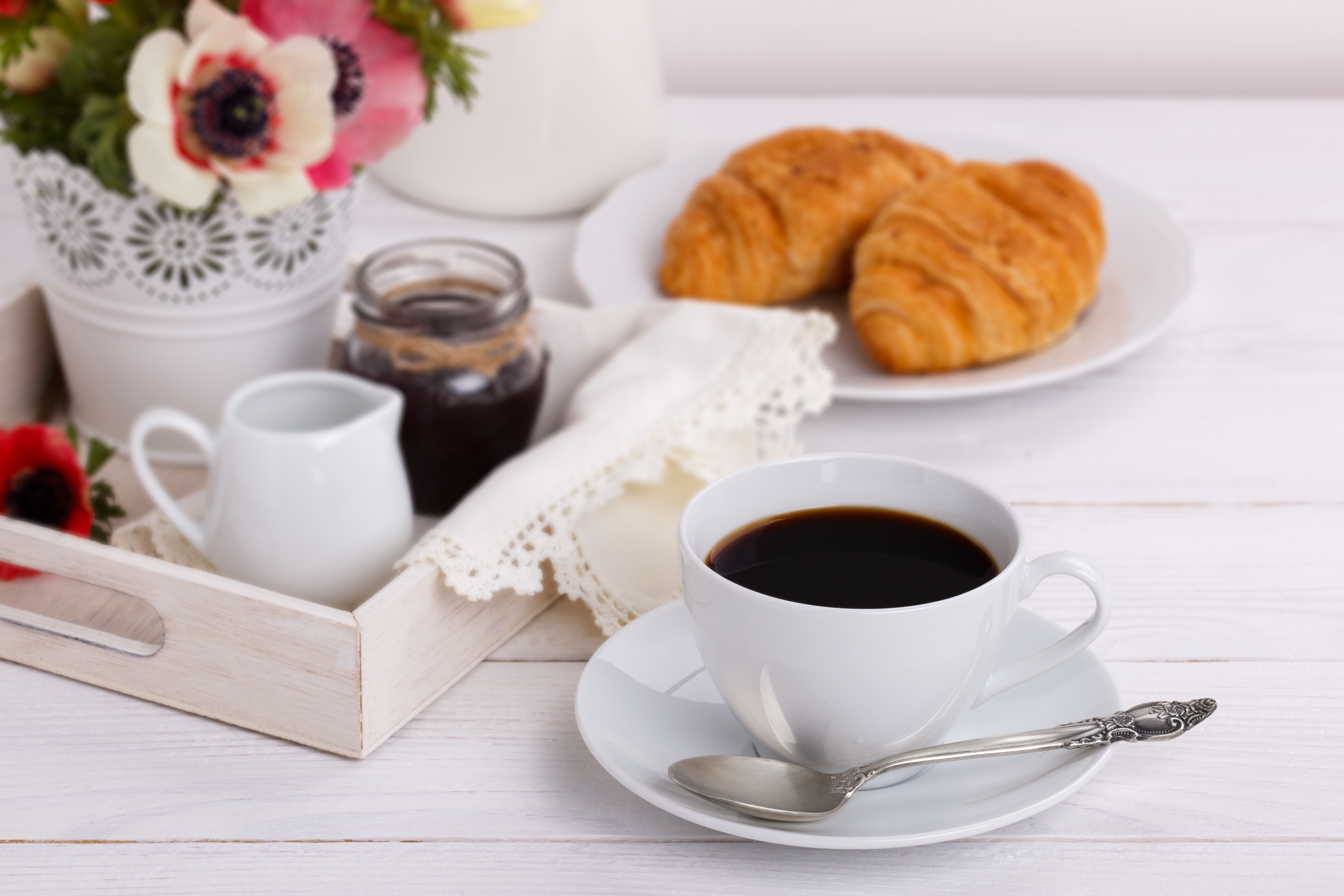 Free download wallpaper Food, Coffee, Still Life, Cup, Breakfast, Croissant on your PC desktop