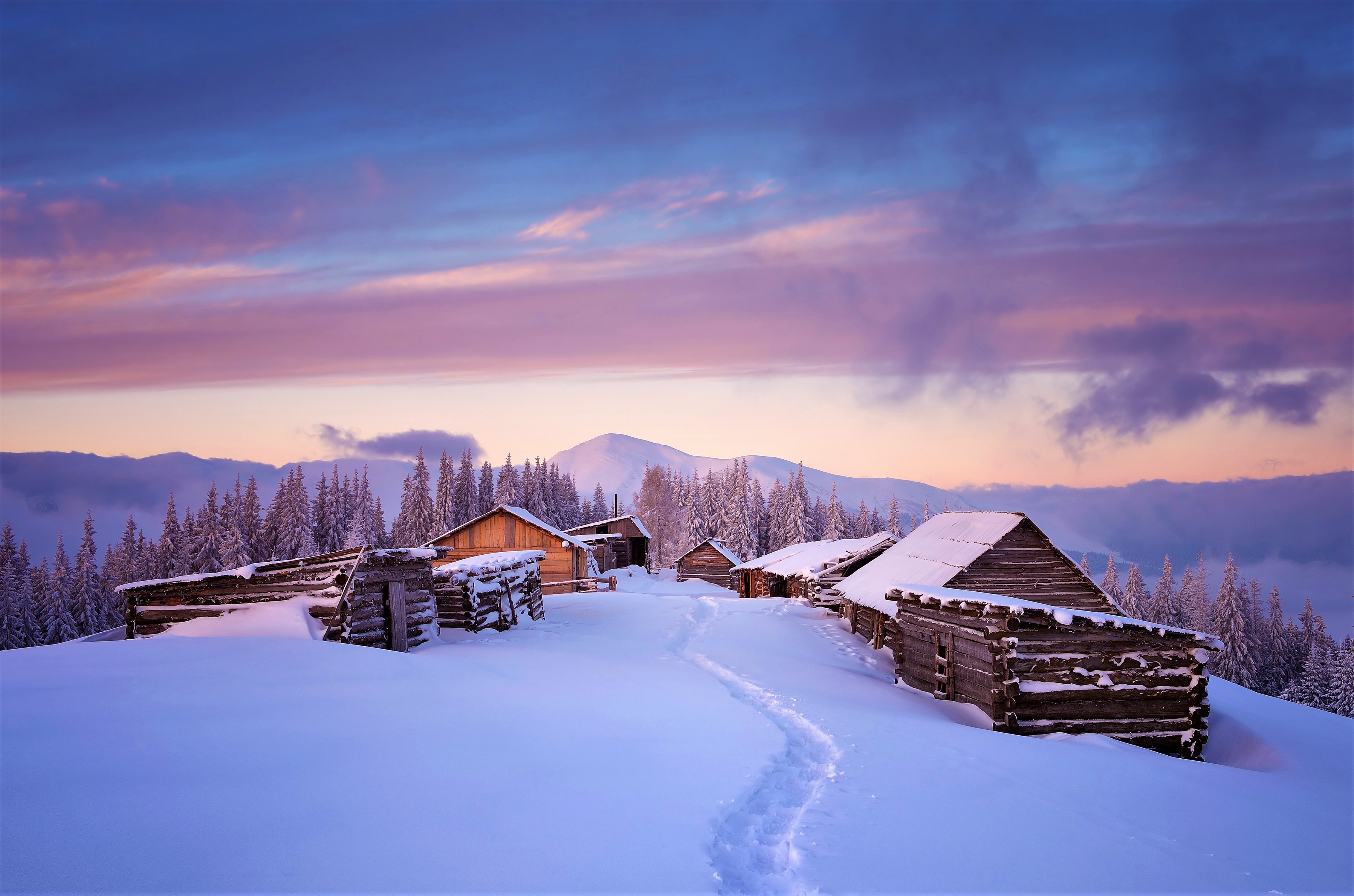 Download mobile wallpaper Winter, Snow, Mountain, Cabin, Man Made for free.