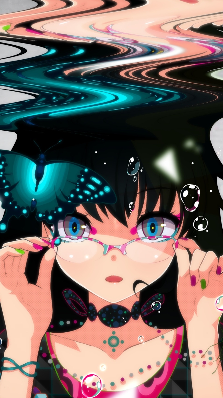 Download mobile wallpaper Anime, Butterfly, Girl, Glasses, Bubble, Blue Eyes, Black Hair, Long Hair for free.
