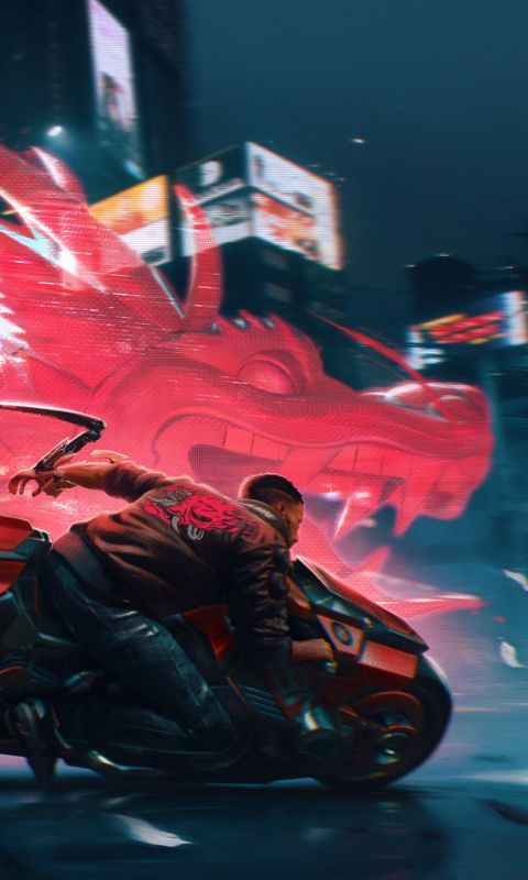 Handy-Wallpaper Drachen, Motorrad, Cyborg, Computerspiele, Cyberpunk 2077 kostenlos herunterladen.