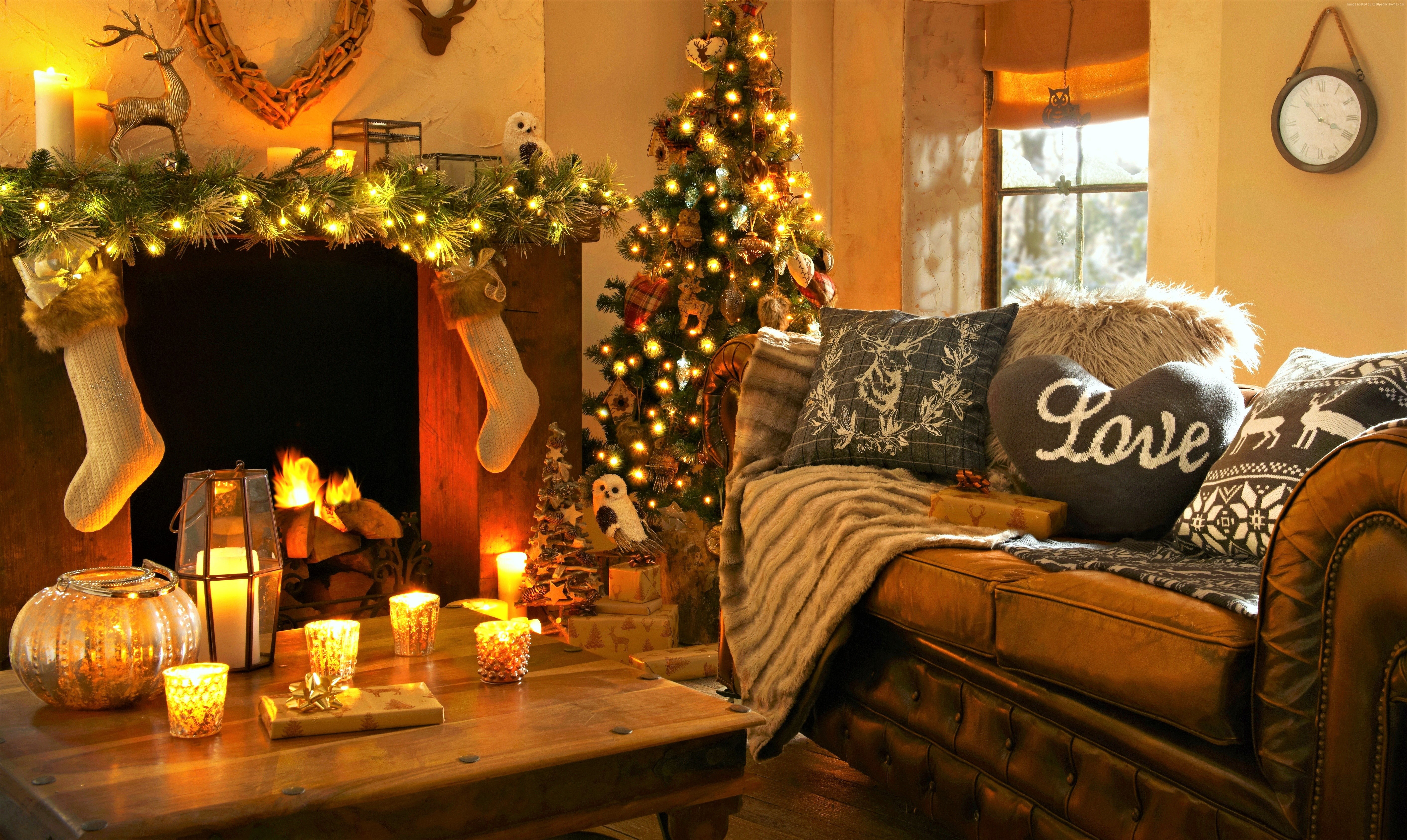 873443壁紙のダウンロードクリスマス, ホリデー, クリスマスツリー, 装飾, 暖炉, リビングルーム, ストッキング-スクリーンセーバーと写真を無料で