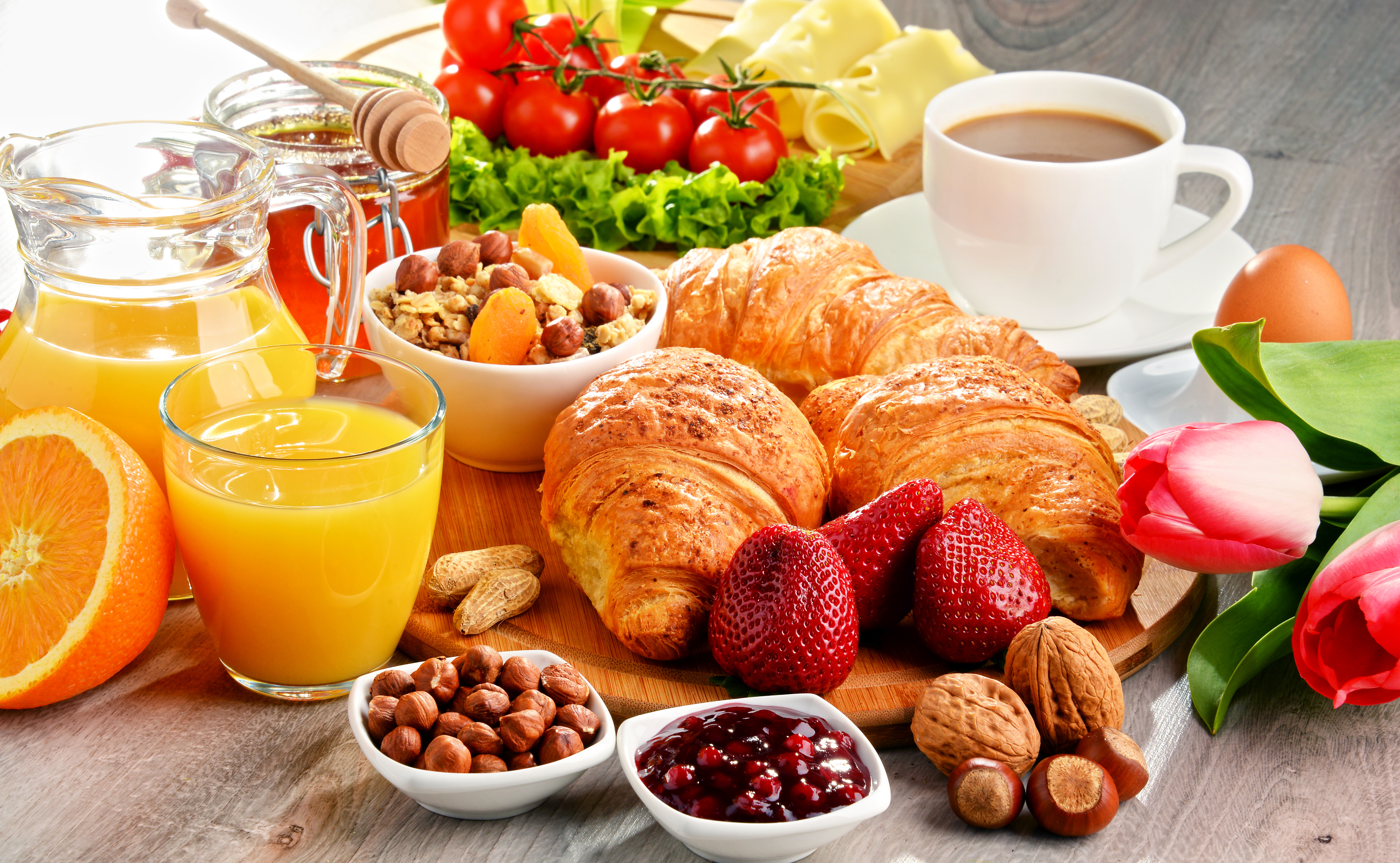 Download mobile wallpaper Food, Strawberry, Coffee, Still Life, Cup, Breakfast, Tomato, Croissant, Juice for free.