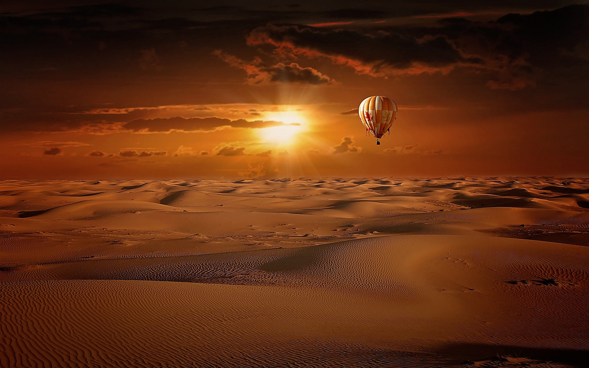 Free download wallpaper Sunset, Sand, Desert, Brown, Dune, Vehicles, Hot Air Balloon on your PC desktop