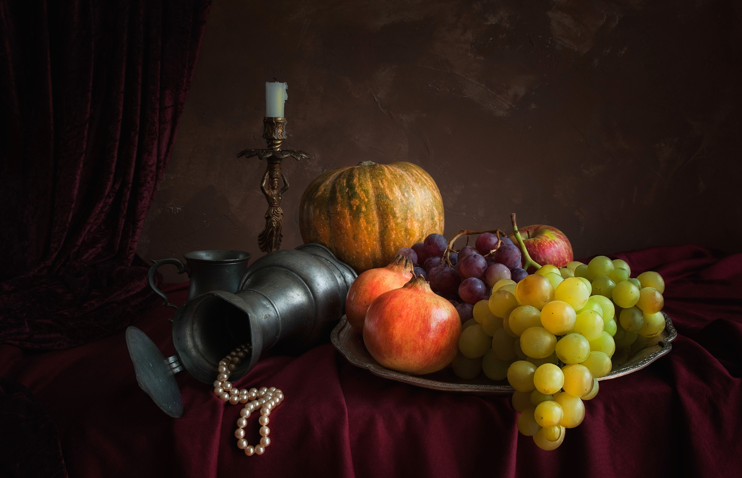 Download mobile wallpaper Grapes, Still Life, Cup, Fruit, Candle, Photography, Gourd, Pitcher for free.