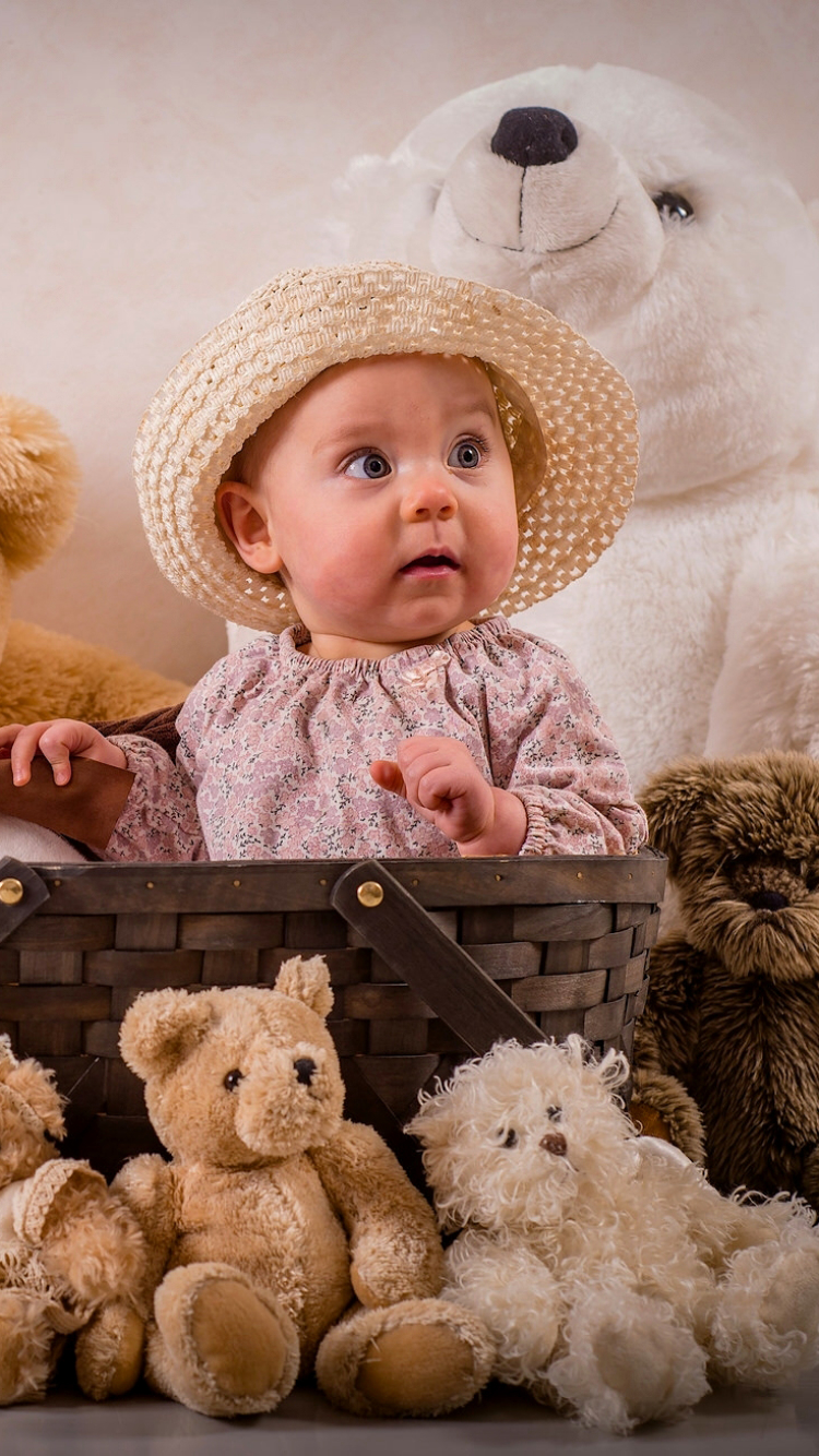 Download mobile wallpaper Teddy Bear, Basket, Hat, Photography, Baby, Stuffed Animal for free.