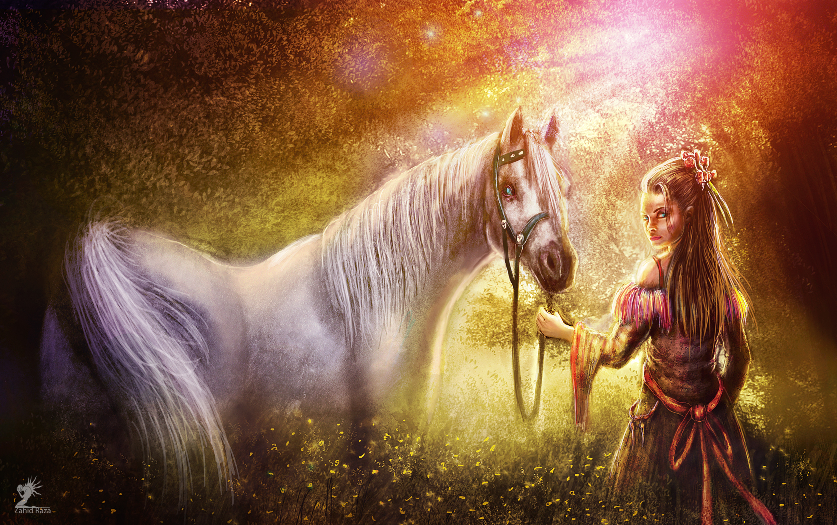 Download mobile wallpaper Fantasy, Forest, Child, Horse, Women, Magical for free.