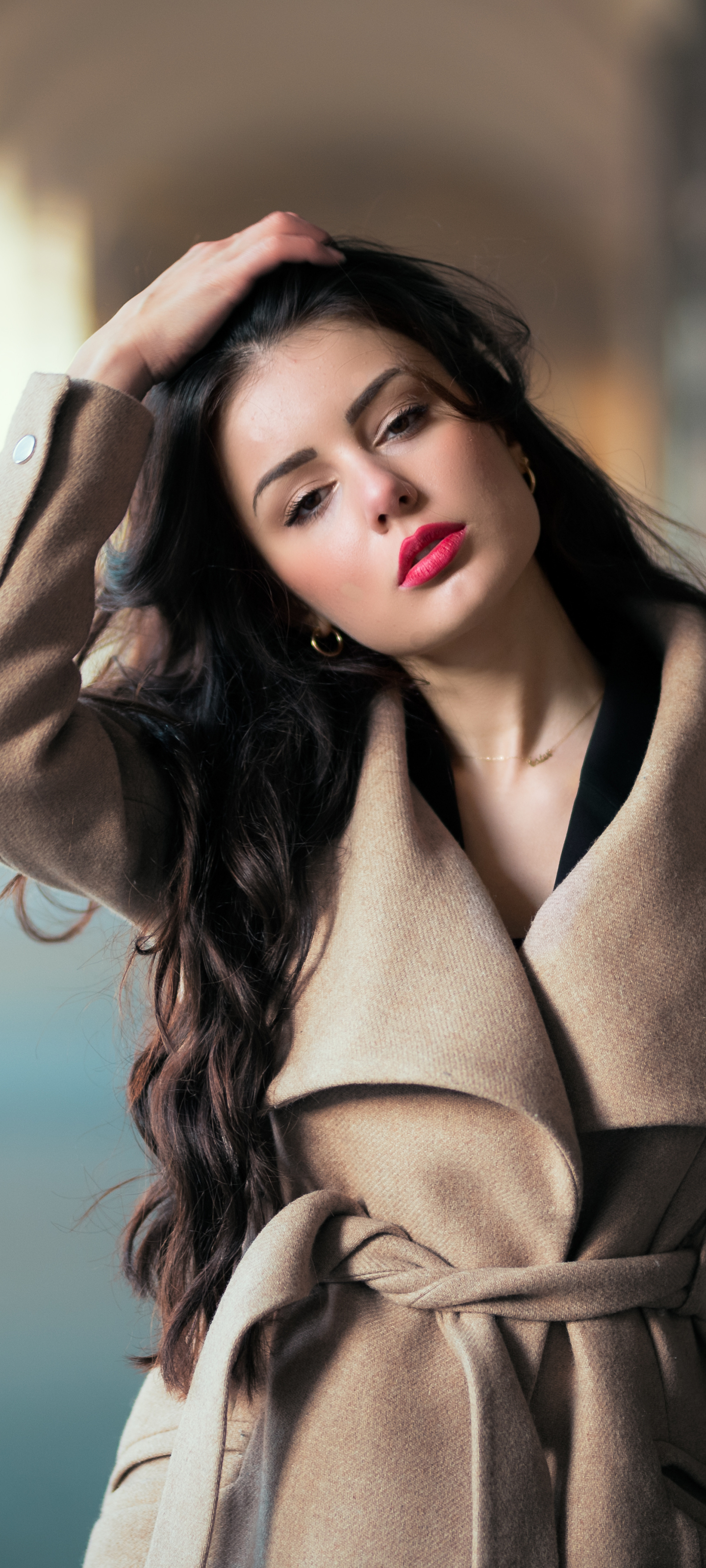 Download mobile wallpaper Brunette, Coat, Model, Women, Long Hair, Lipstick for free.