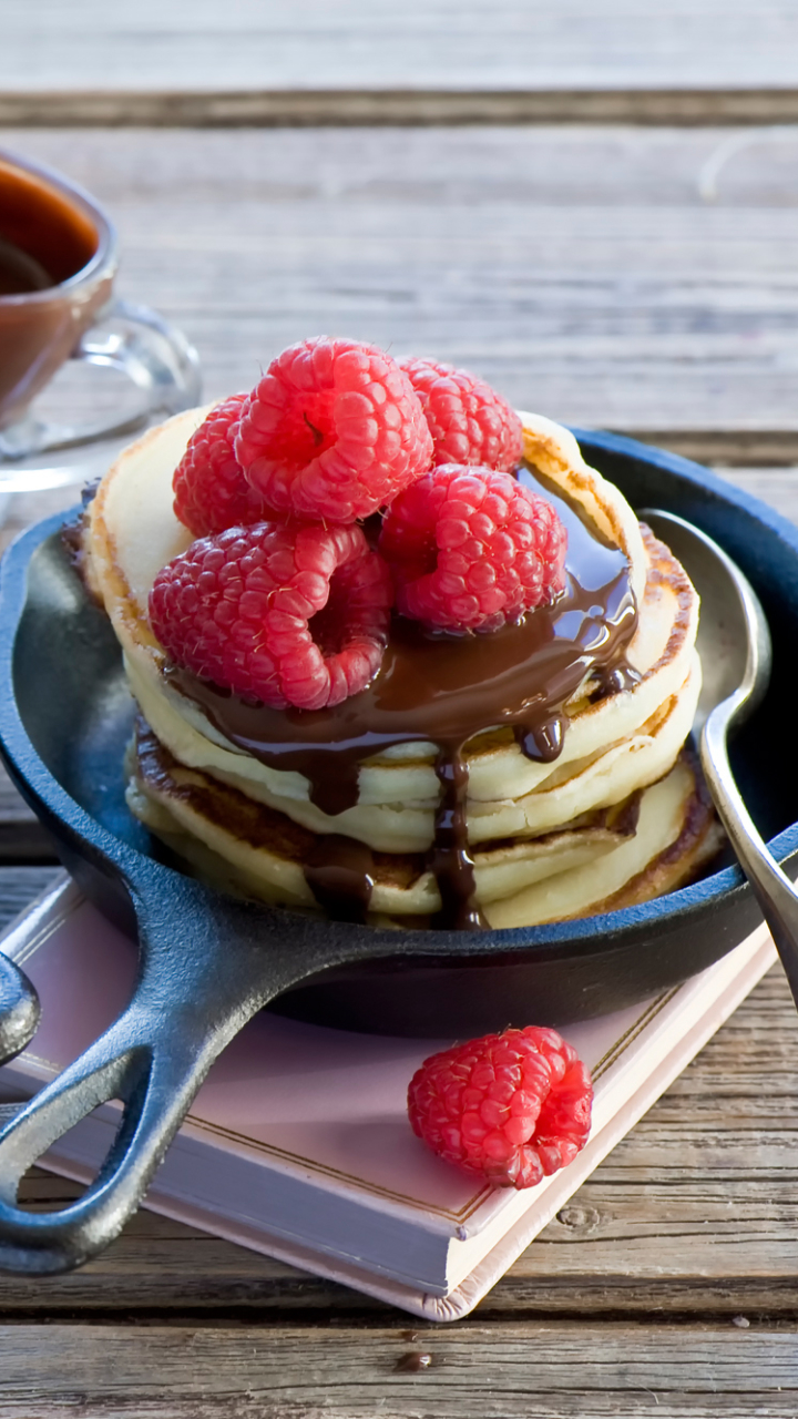 Download mobile wallpaper Food, Chocolate, Raspberry, Breakfast, Pancake for free.